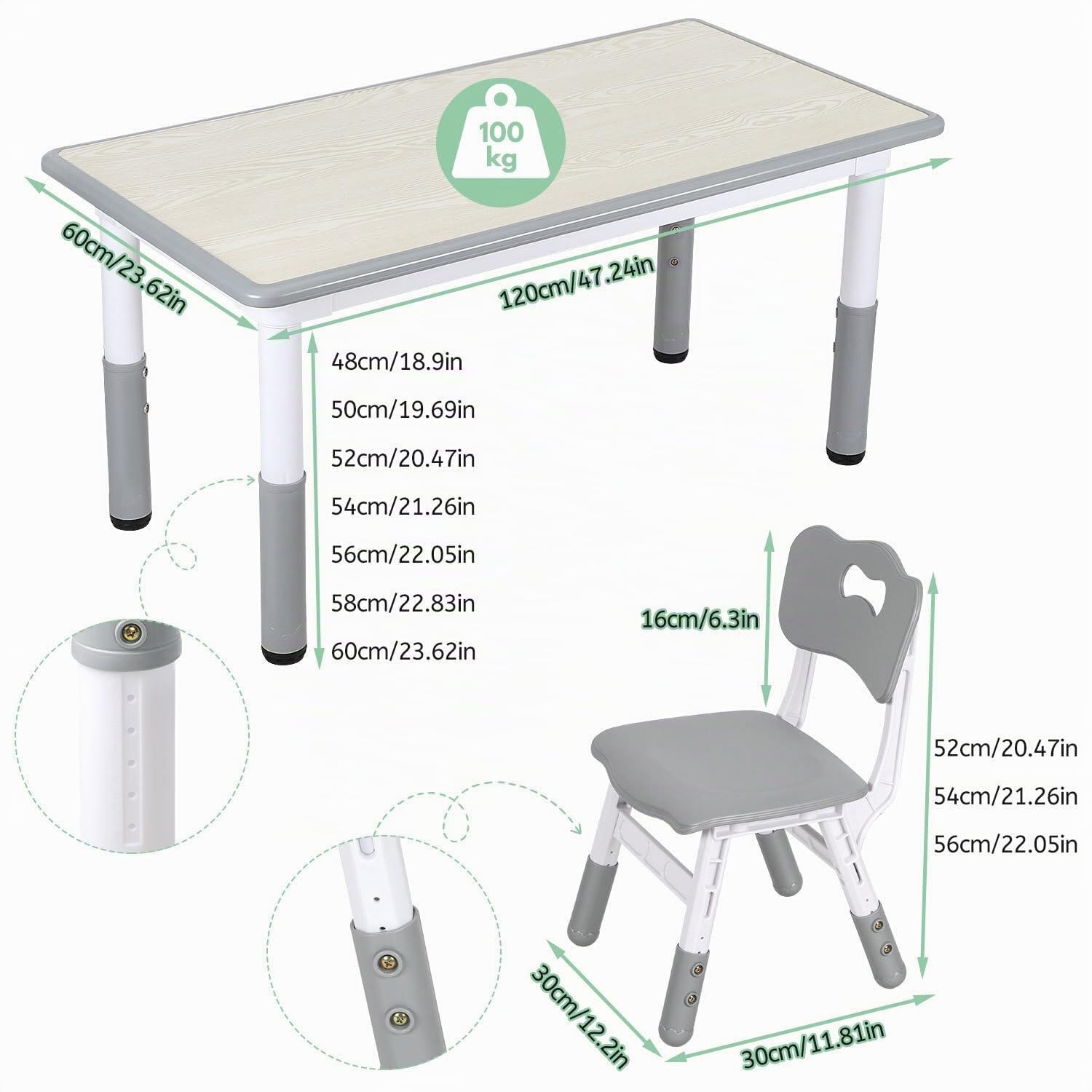 Lospitch Kindertisch 60/80/120 cm höhenverstellbar mit Stühlen für Kinderzimmer