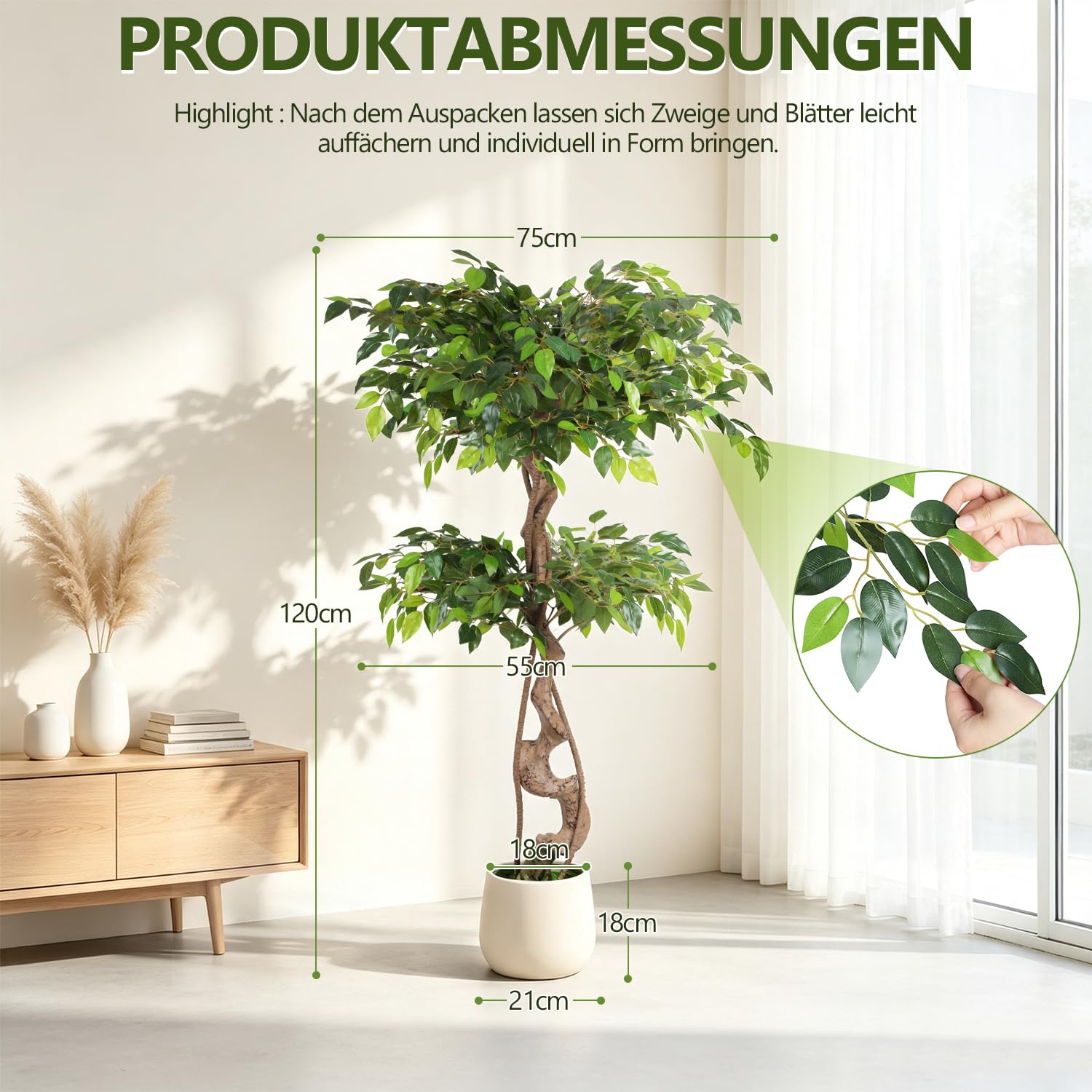 Lospitch Künstlicher Ficus 120/150 cm mit Topf für Wohnzimmer und Büro