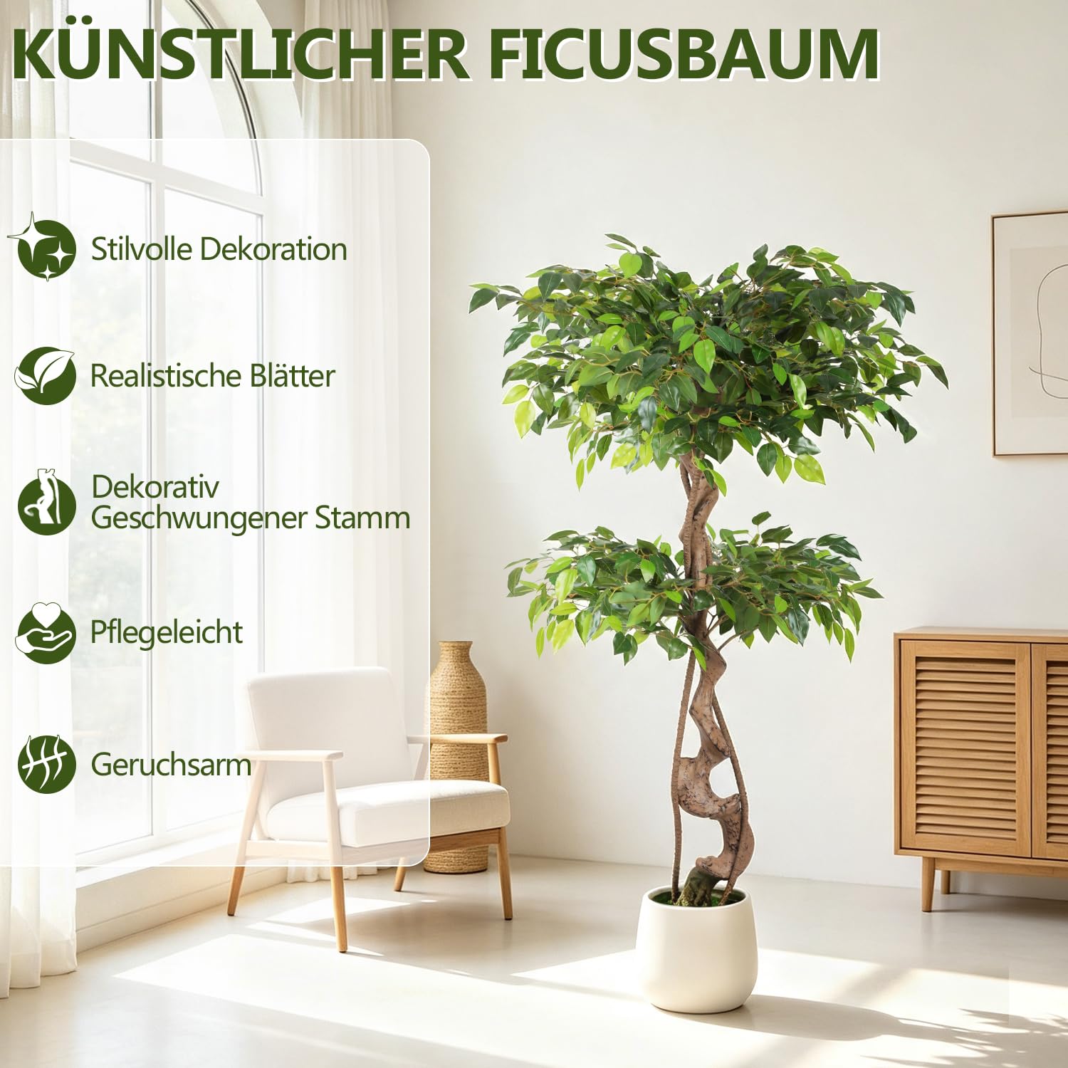 Lospitch Künstlicher Ficus 120/150 cm mit Topf für Wohnzimmer und Büro