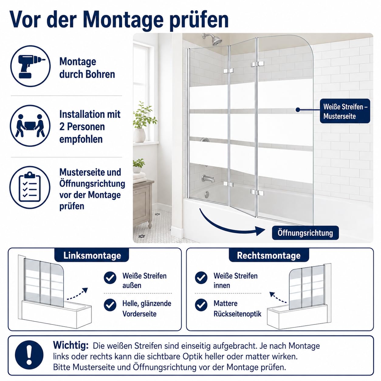 Lospitch Badewannenfaltwand 6 mm ESG Glas 180° schwenkbar