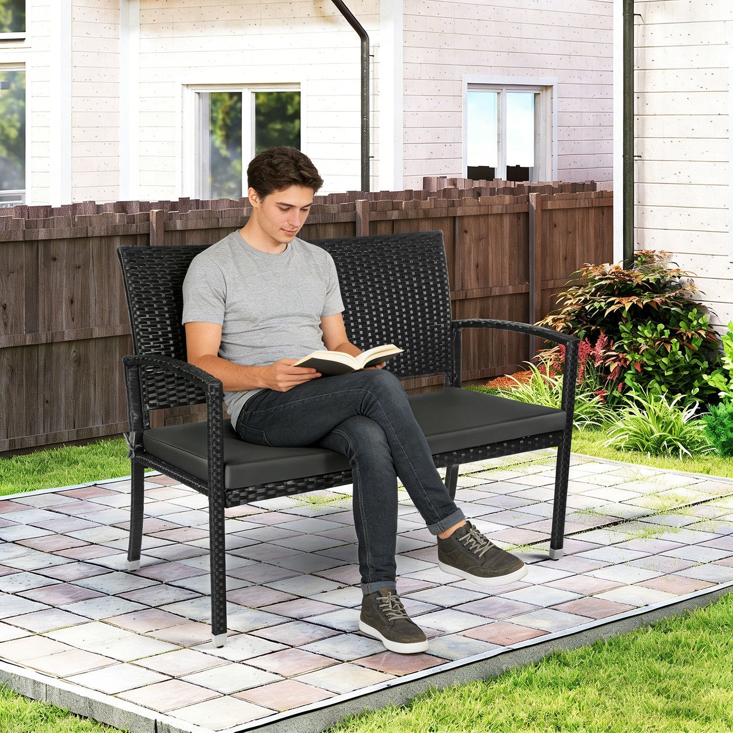 Lospitch Gartenbank Polyrattan 2-Sitzer mit Kissen für Garten und Terrasse
