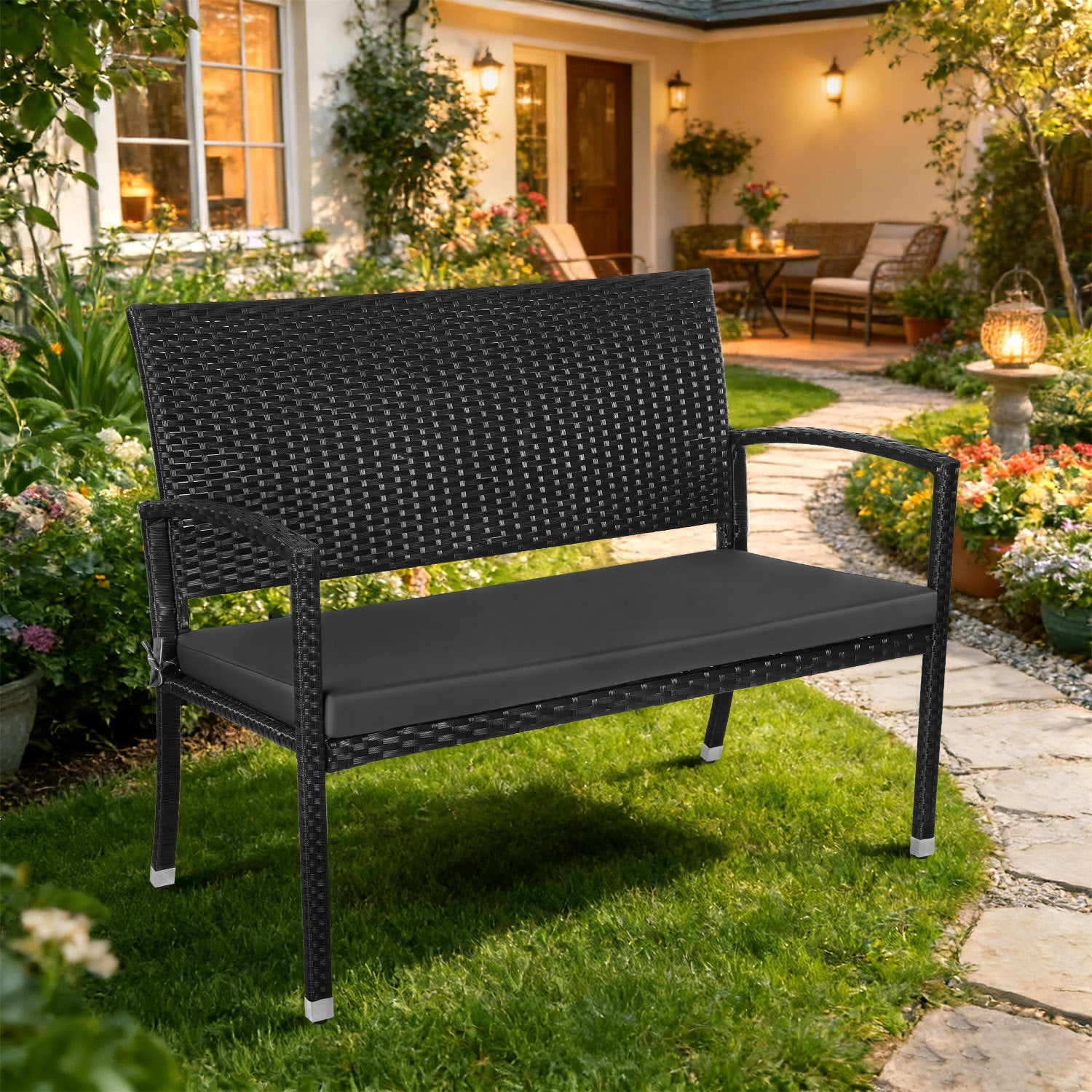 Lospitch Gartenbank Polyrattan 2-Sitzer mit Kissen für Garten und Terrasse