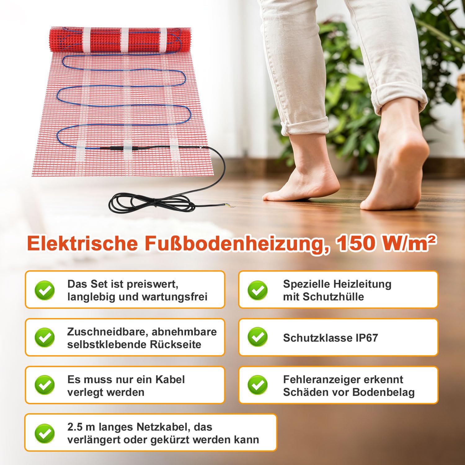 Lospitch Elektrische Fußbodenheizung 150 W/m² für 1–10 m² mit WLAN-Thermostat