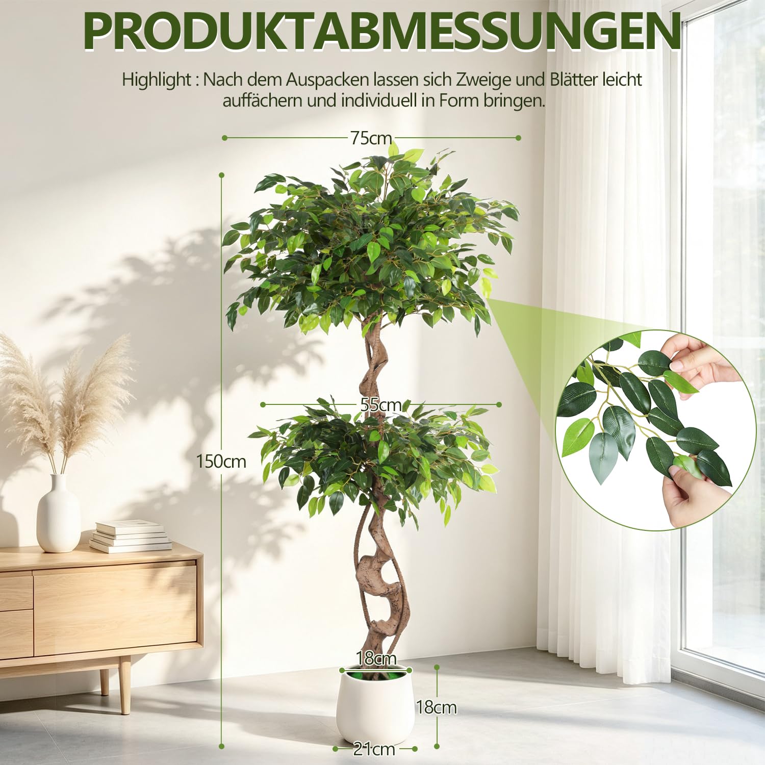 Lospitch Künstlicher Ficus 120/150 cm mit Topf für Wohnzimmer und Büro