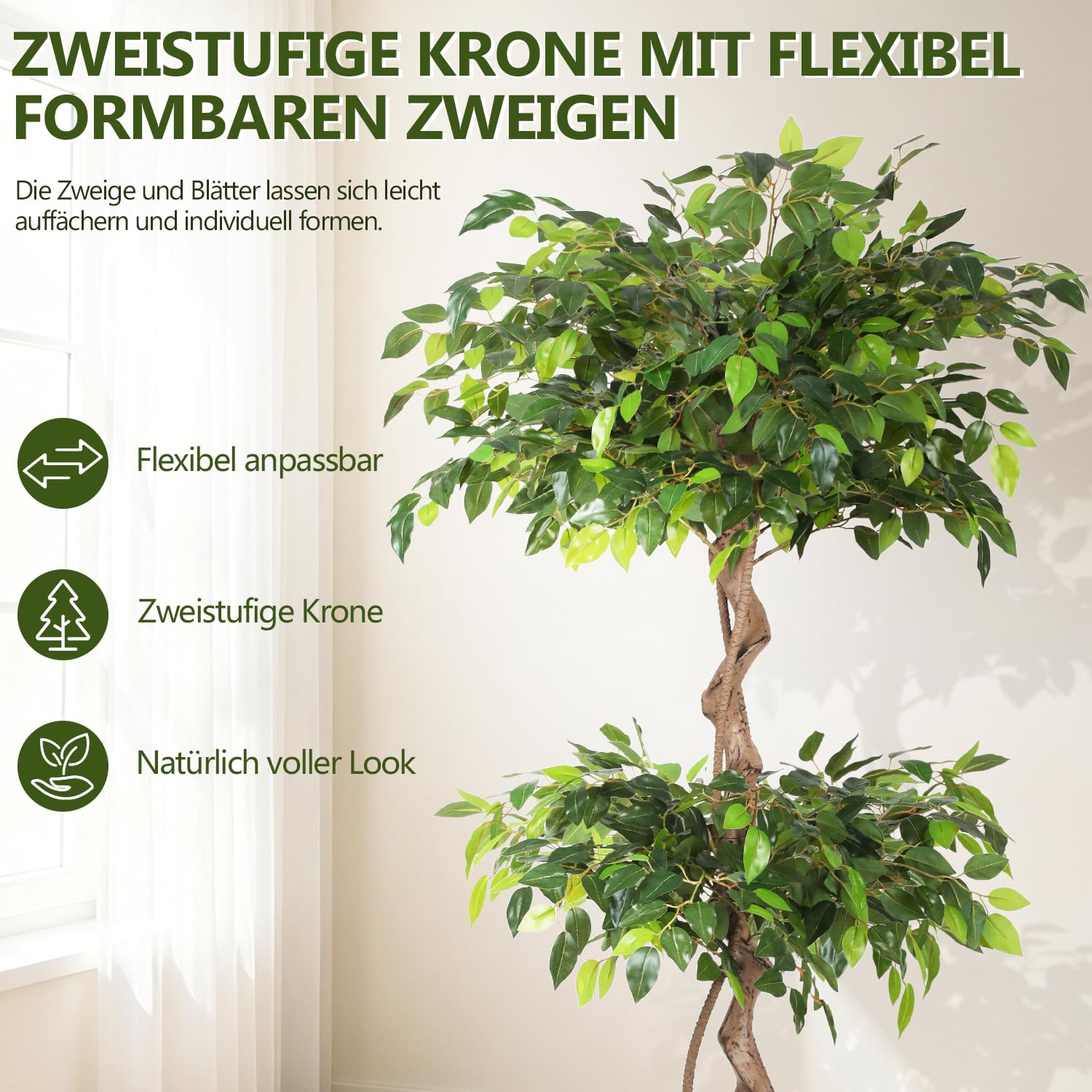 Lospitch Künstlicher Ficus 120/150 cm mit Topf für Wohnzimmer und Büro