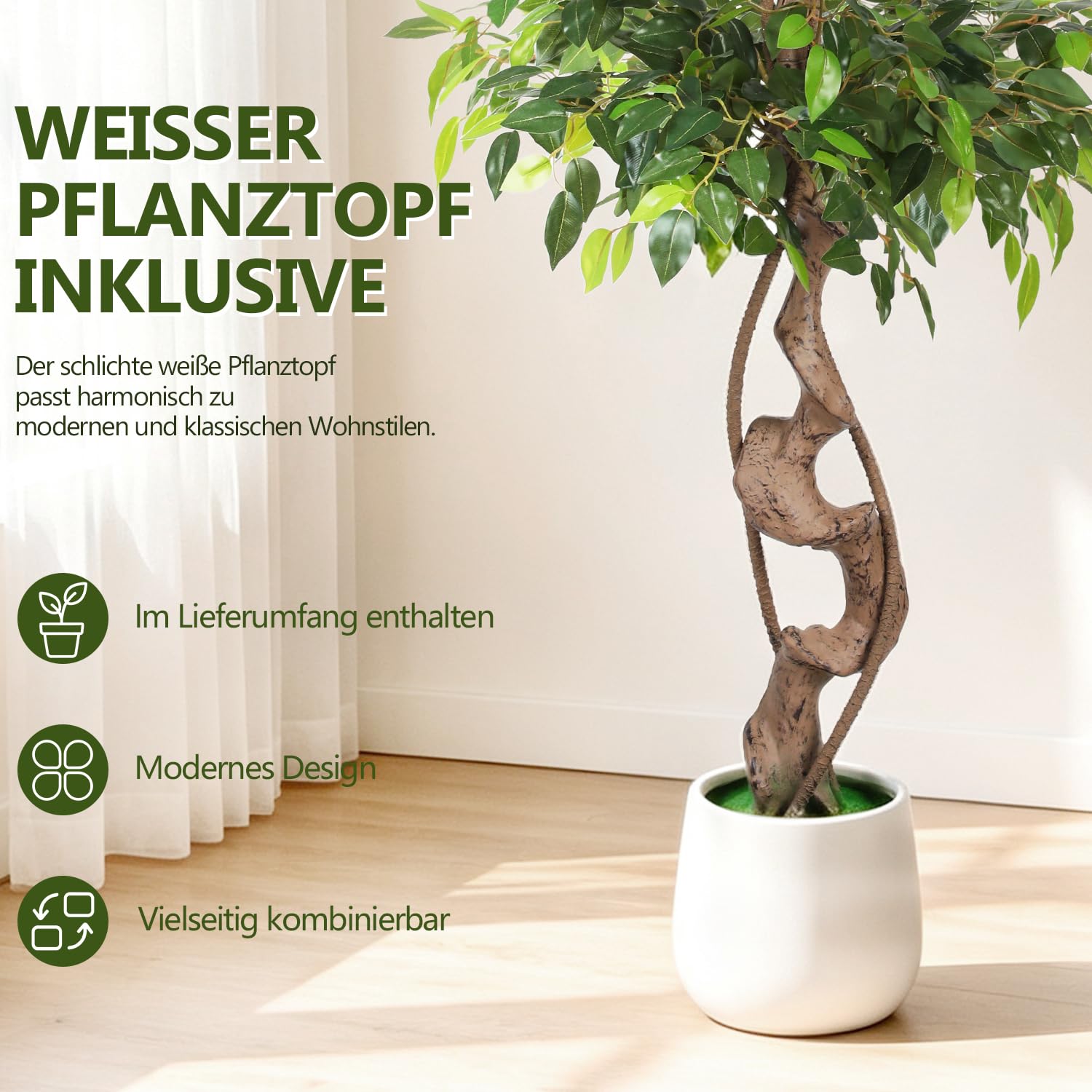 Lospitch Künstlicher Ficus 120/150 cm mit Topf für Wohnzimmer und Büro
