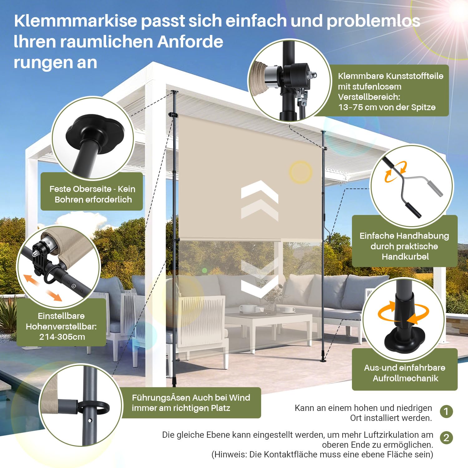 Lospitch Klemmmarkise 150×305 cm ohne Bohren