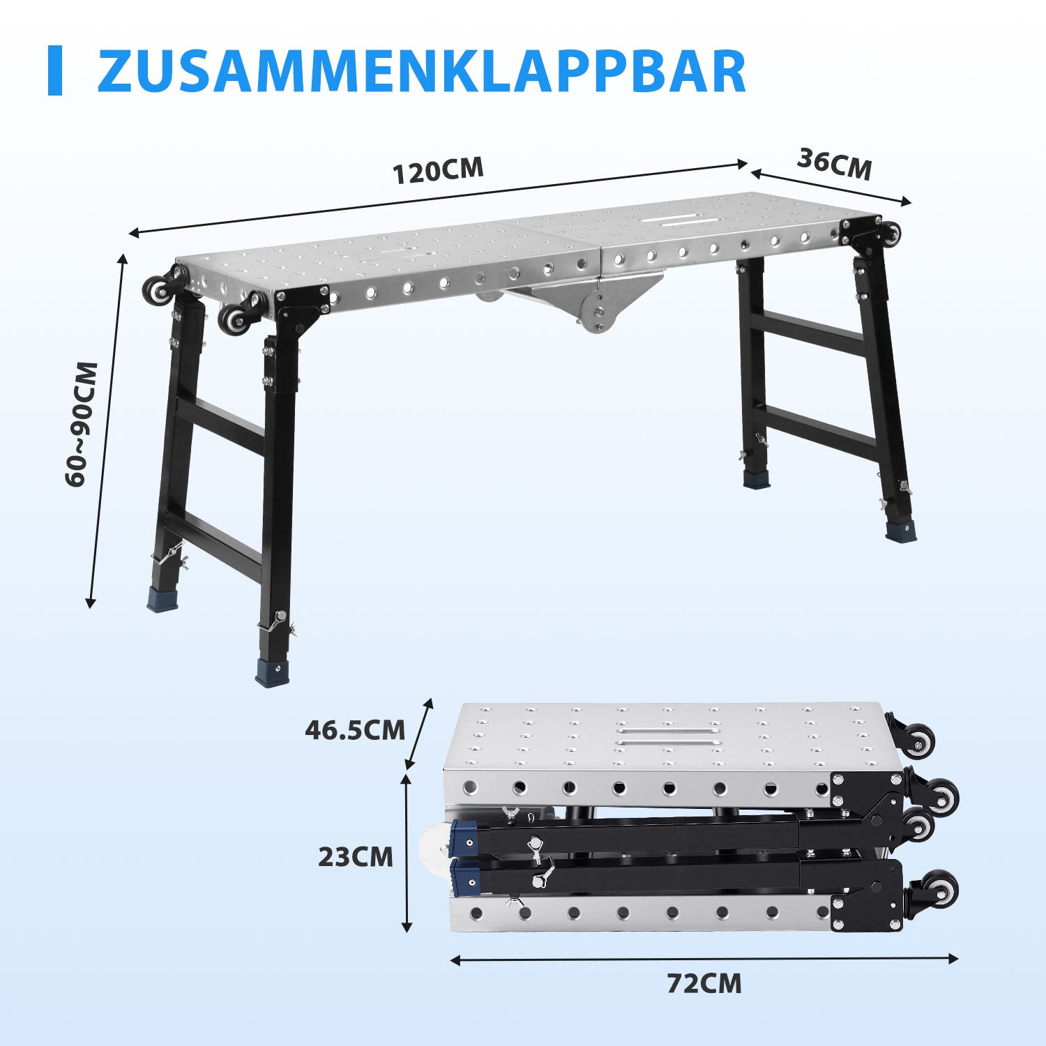 Lospitch Arbeitsplattform aus verzinktem Stahl 120 × 36 cm Höhenverstellbar 60–90 cm bis 500 kg