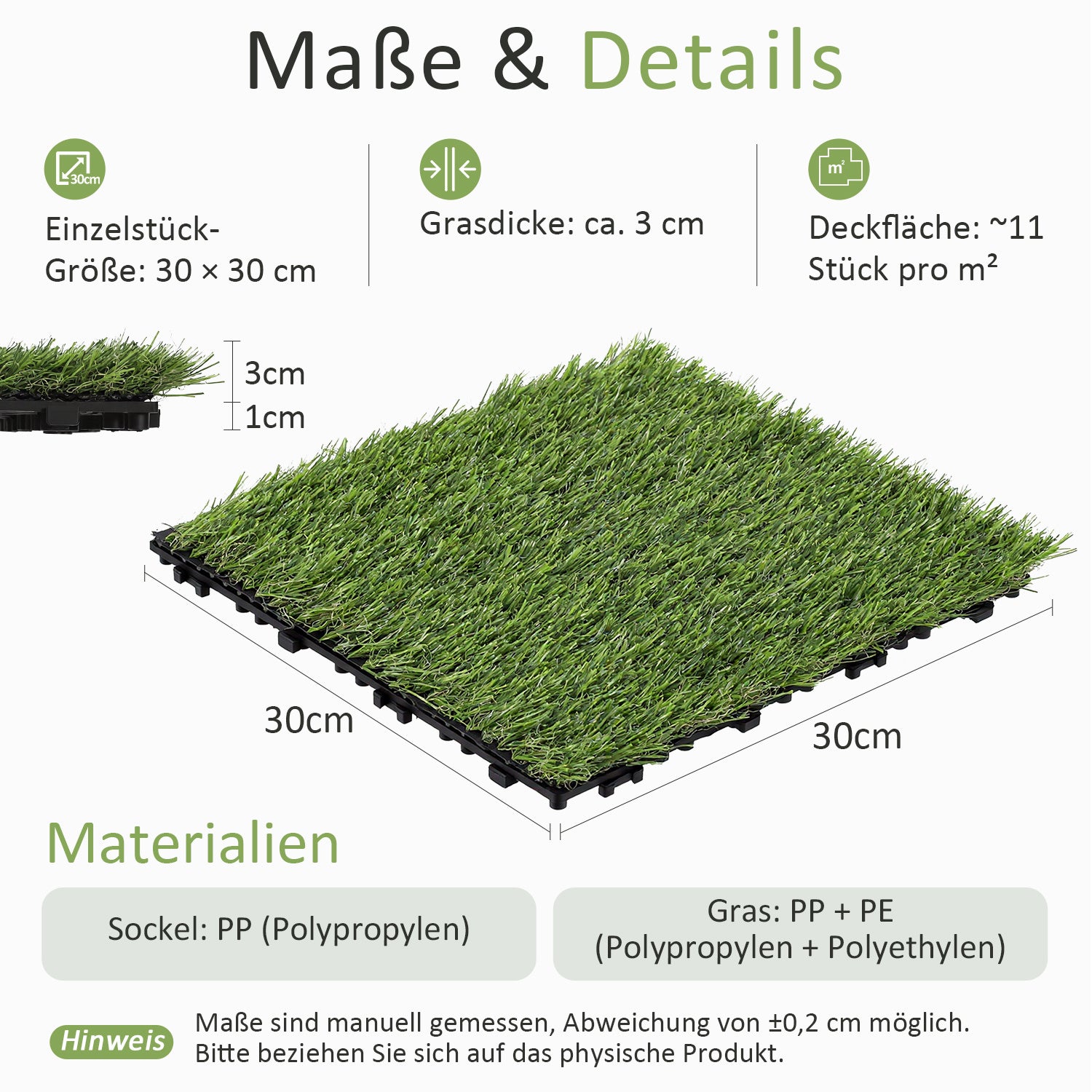 Lospitch Rasen Klickfliesen 30×30 cm 11 Stück für Balkon und Terrasse