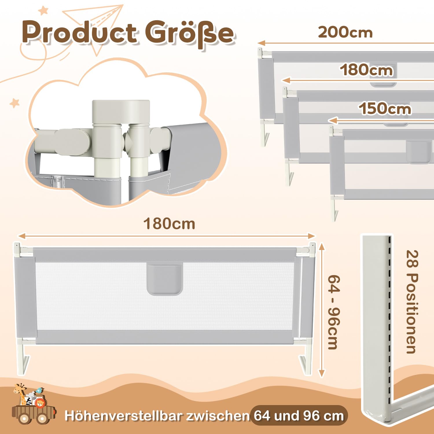 Lospitch Bettgitter Rausfallschutz 150/180/200cm Höhenverstellbar 64 bis 96cm für Kinderbett Babybett