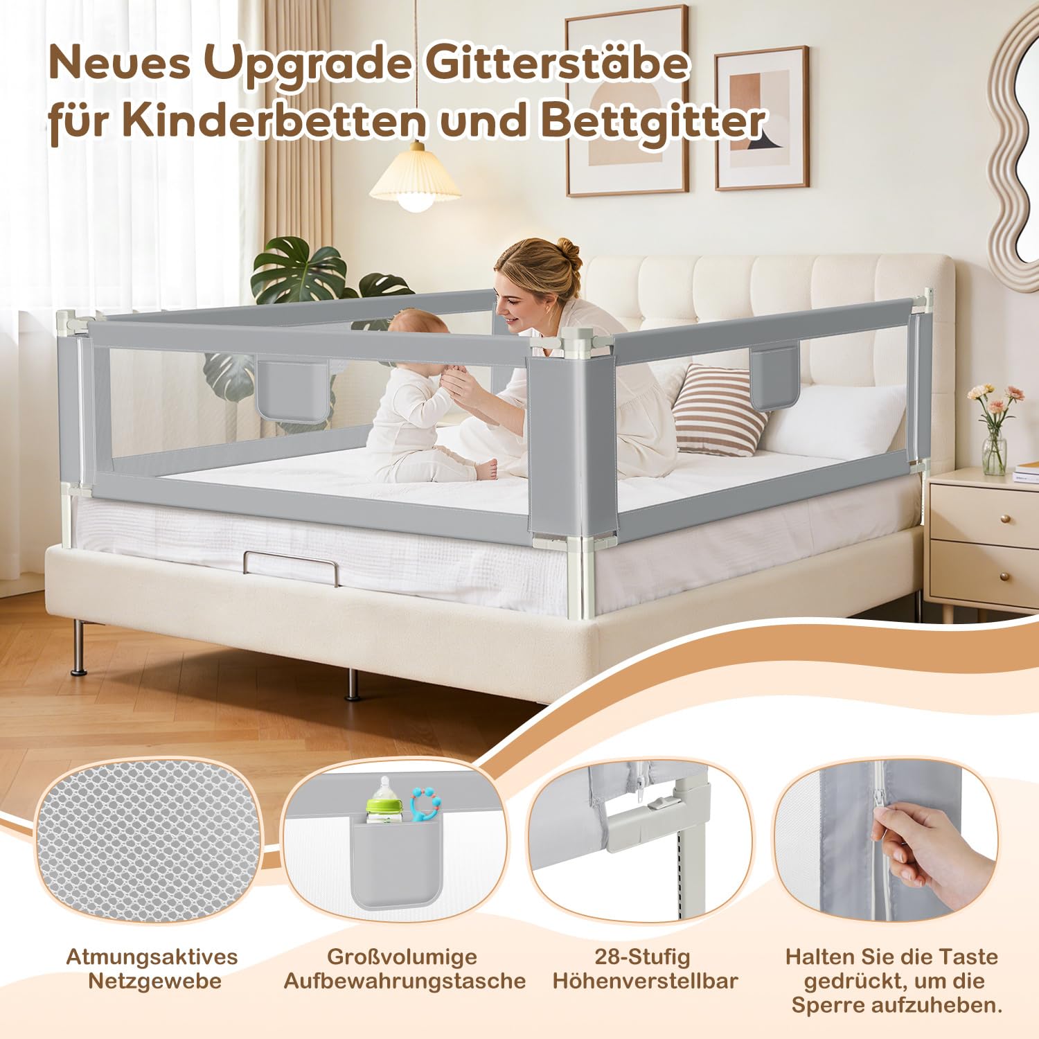 Lospitch Bettgitter Rausfallschutz 150/180/200cm Höhenverstellbar 64 bis 96cm für Kinderbett Babybett