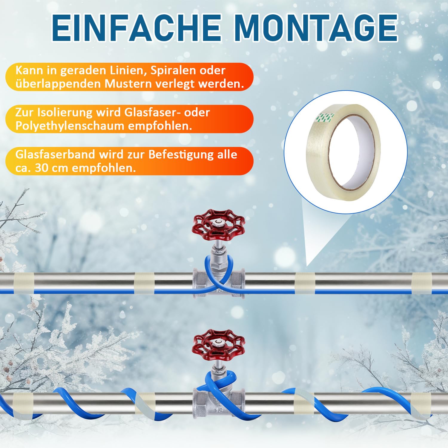 Lospitch Heizkabel 2–18 m mit Thermostat 17 W/m IP68 für Wasserleitung