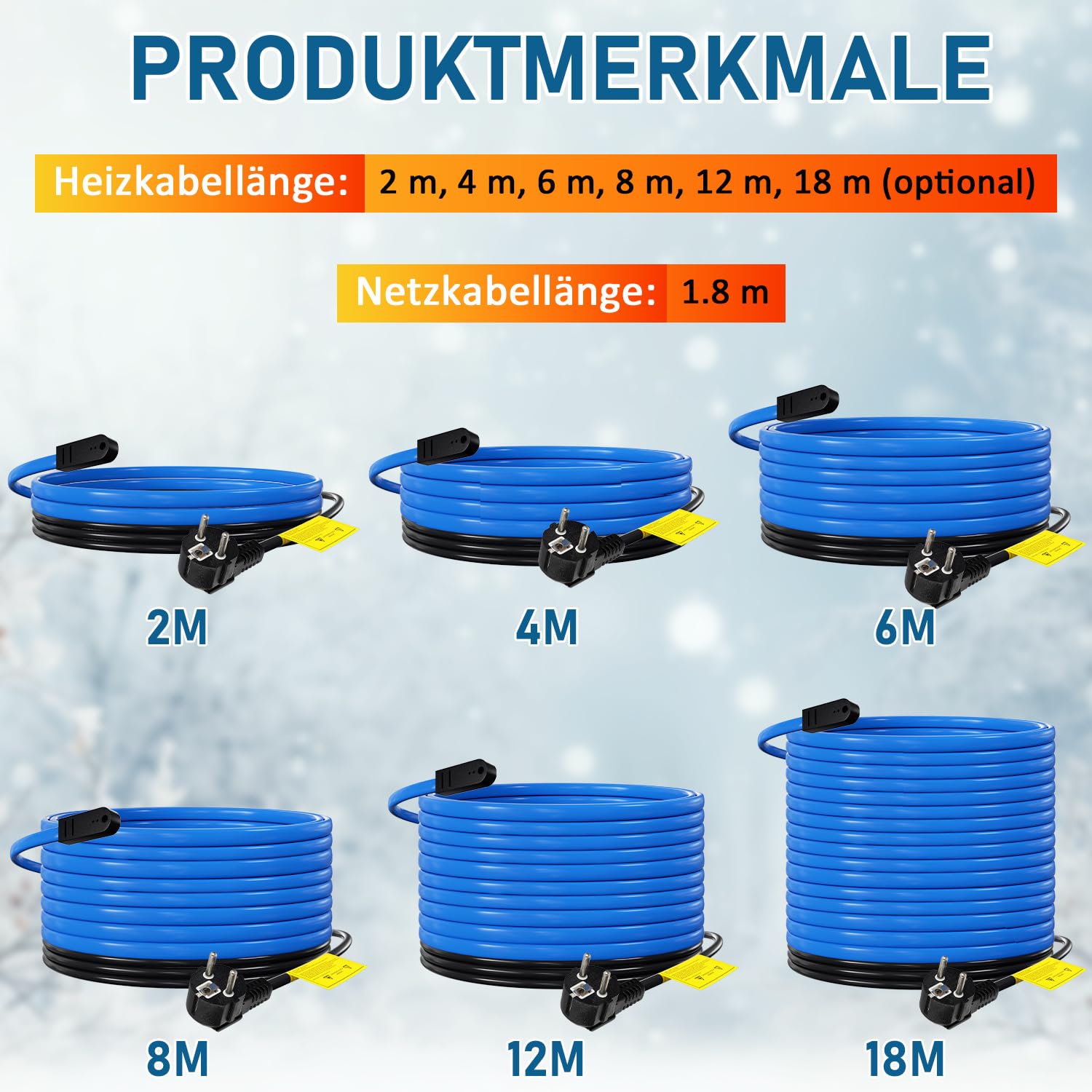 Lospitch Heizkabel 2–18 m mit Thermostat 17 W/m IP68 für Wasserleitung