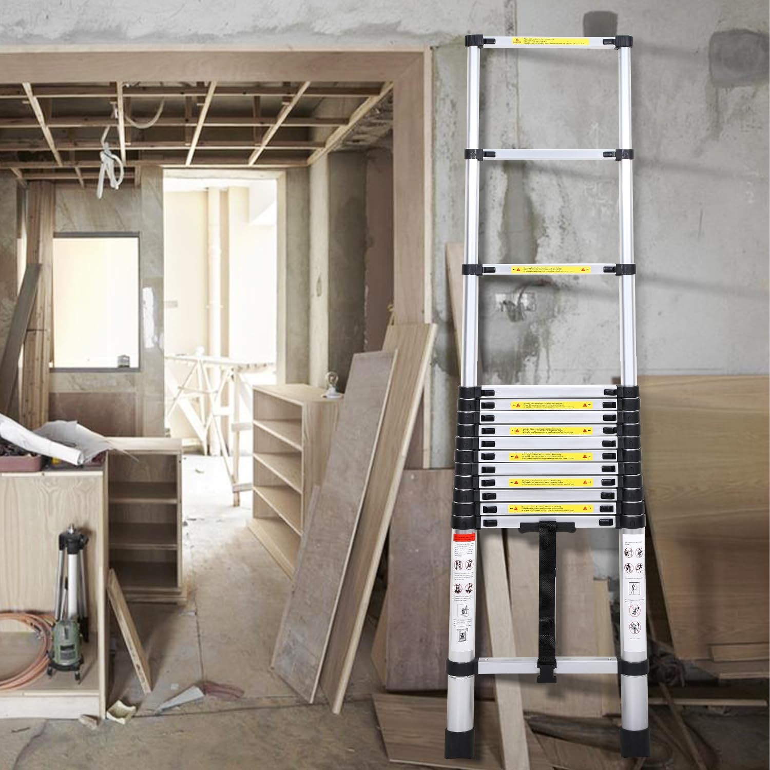 Lospitch Aluminium Teleskopleiter 2,6 bis 5 m Belastbar bis 150 kg für Haus und Garten