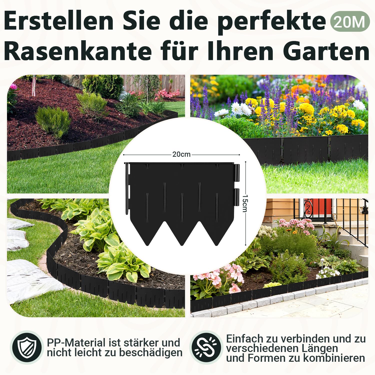 Lospitch Rasenkante Kunststoff PP Beeteinfassung zum Einschlagen