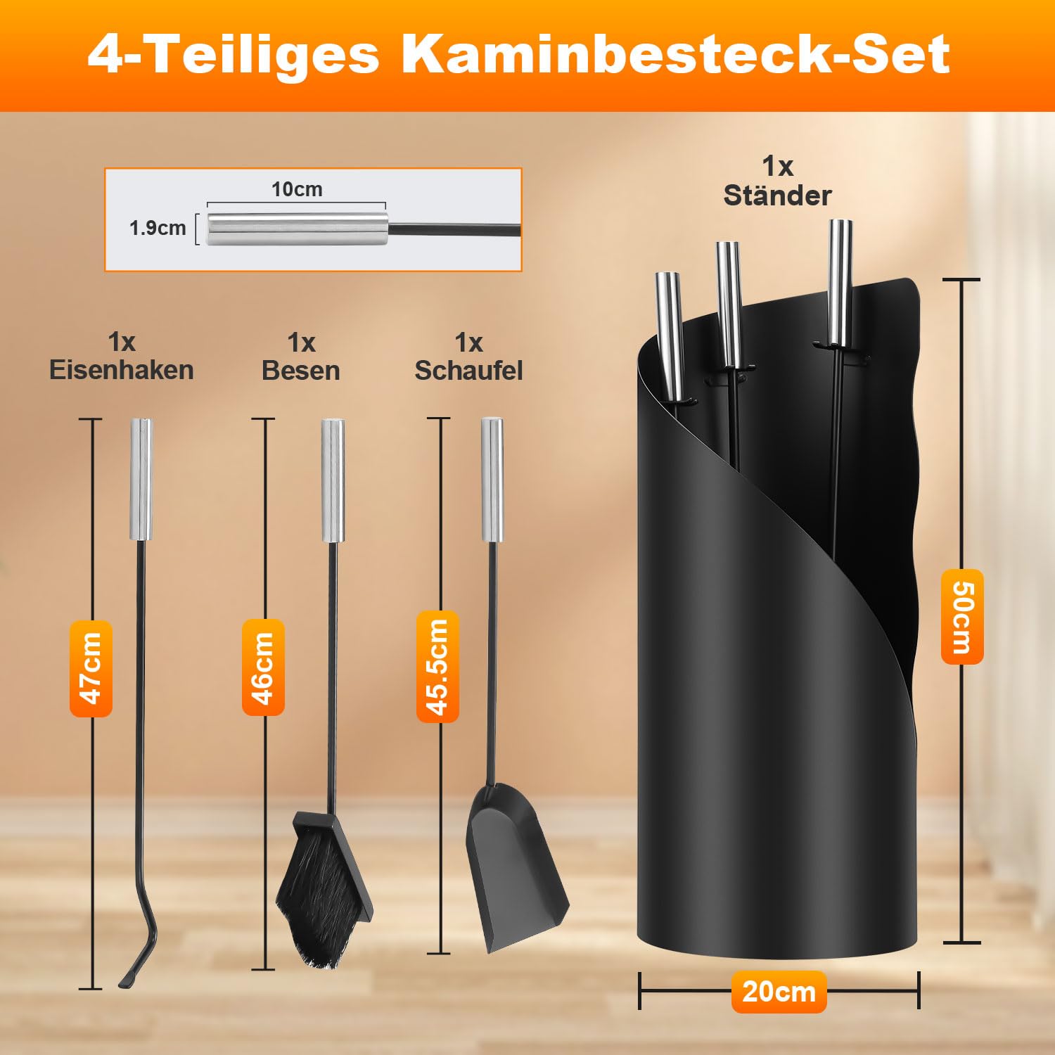 Lospitch Kaminbesteck 4-teilig mit Ständer Besen Schaufel und Schürhaken