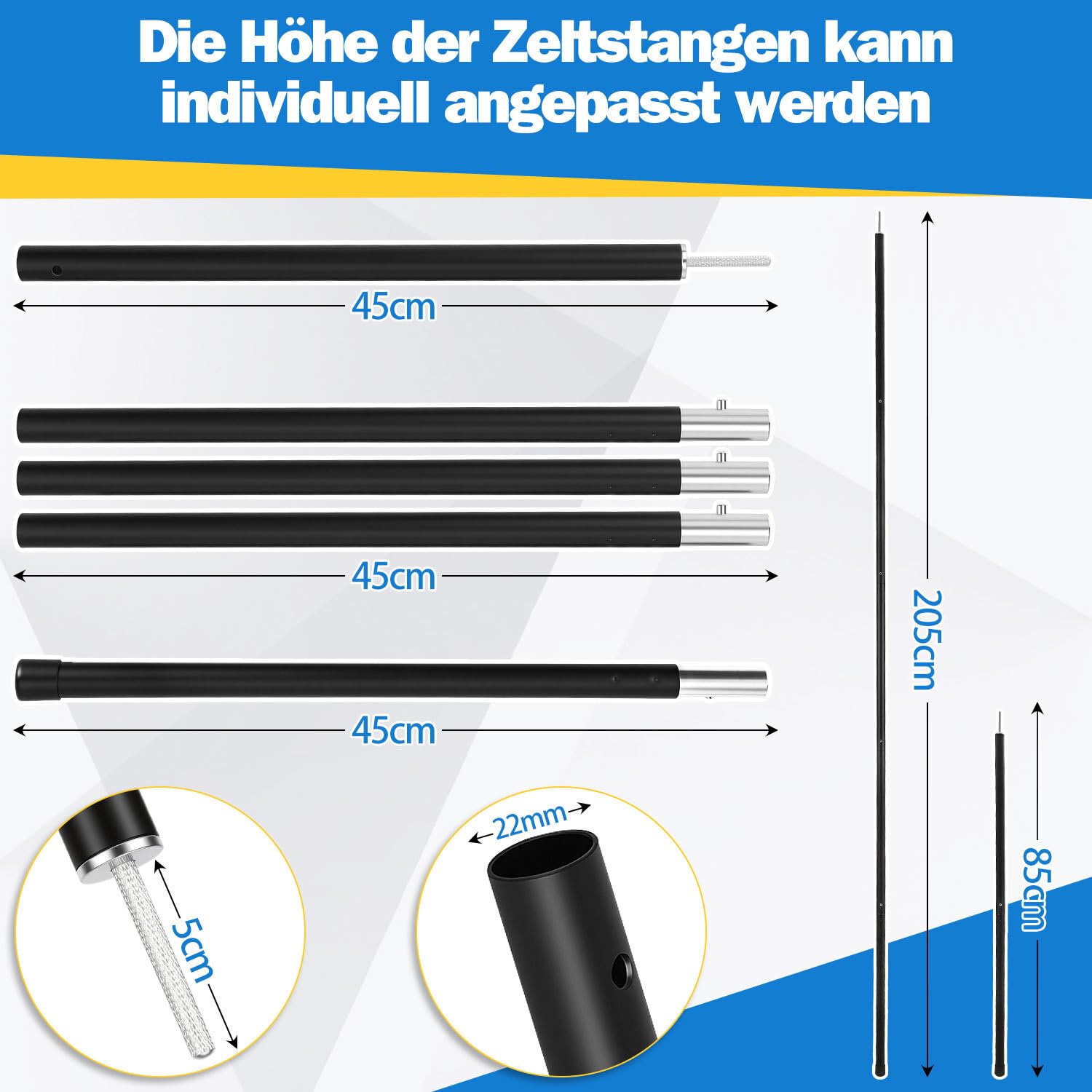 Lospitch Teleskop Zeltstangen 85 bis 205 cm für Tarp Sonnensegel und Camping