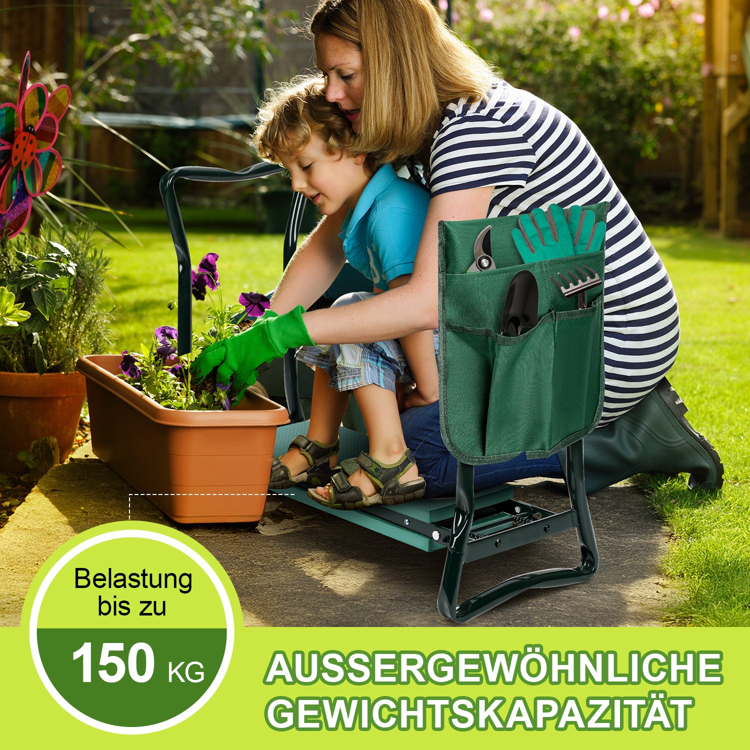 Lospitch Garten Kniebank klappbar mit EVA Polster und Werkzeugtasche