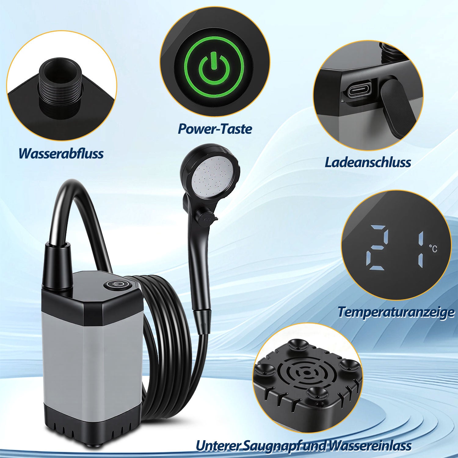 Lospitch Campingdusche mit 6000 mAh Akku und 20 L Falteimer