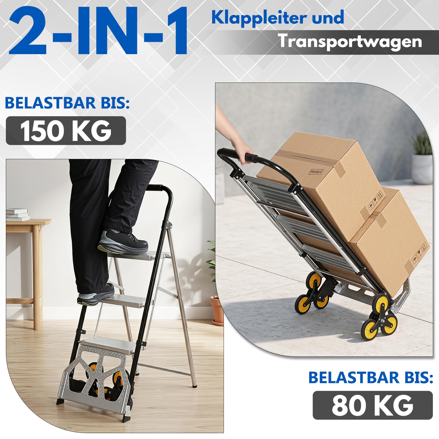 Lospitch Klappbare Sackkarre mit Leiter 3 Stufen aus Stahl 80 kg 150 kg