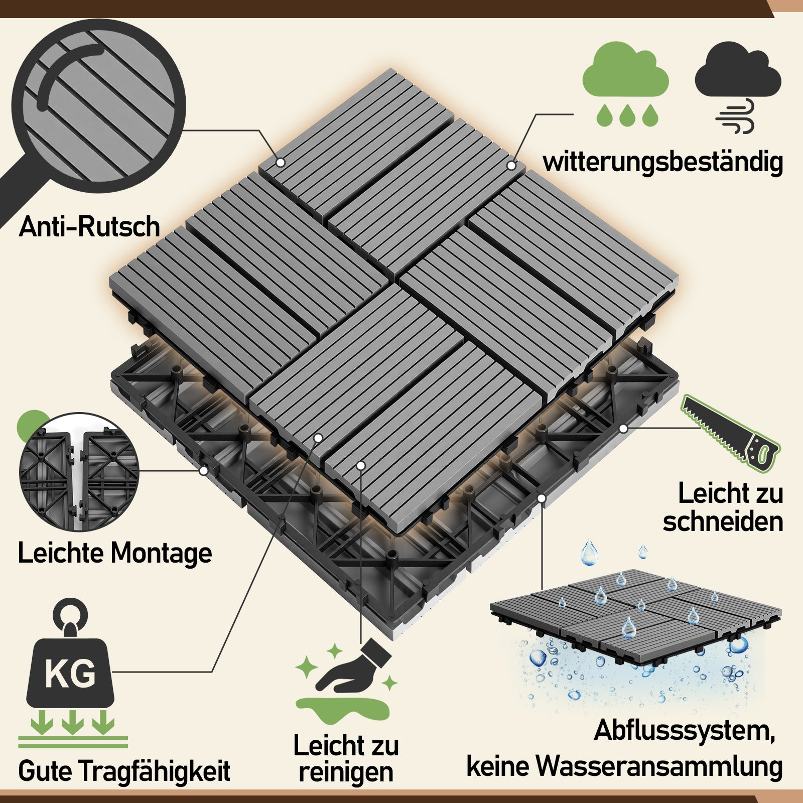 Lospitch PP Klickfliesen 30 x 30 cm für Terrasse und Pool