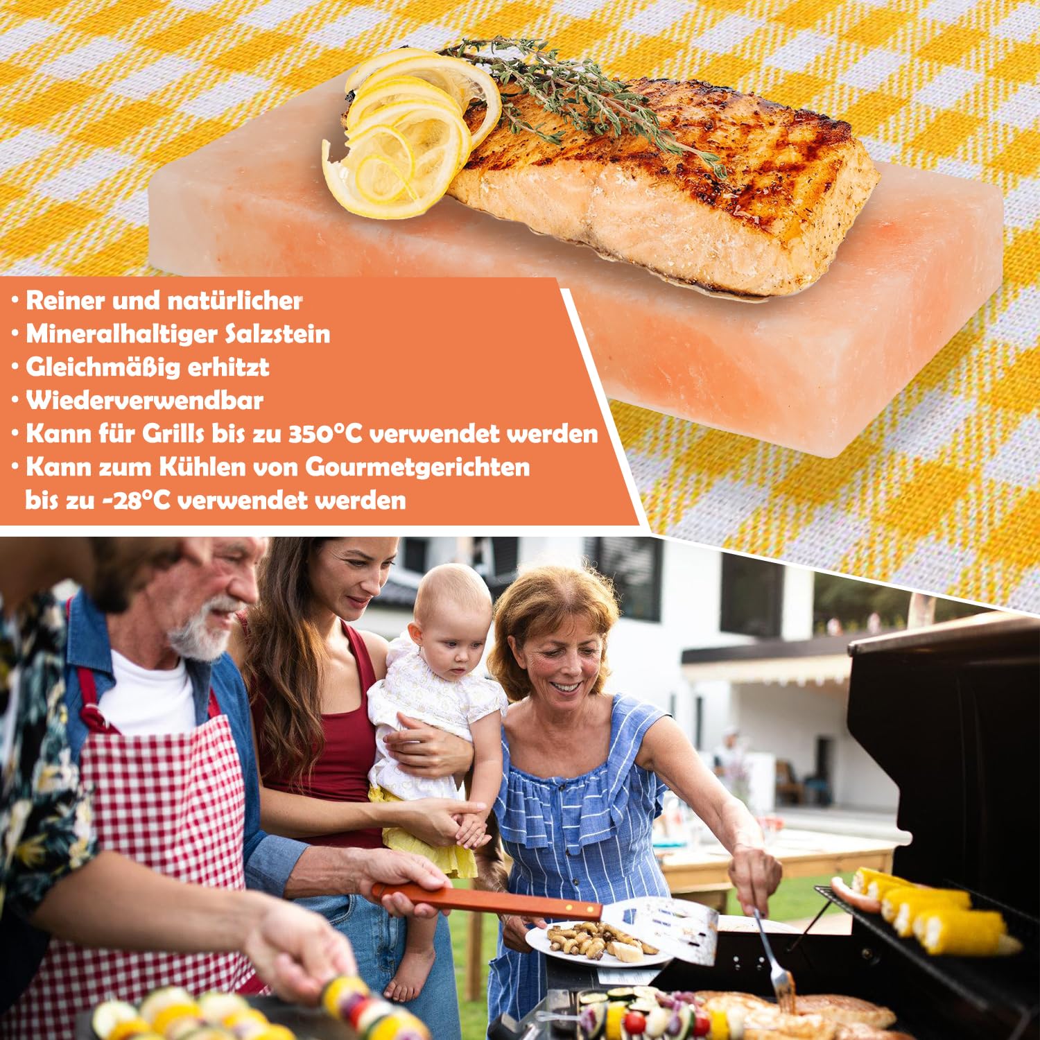 Lospitch Salzstein zum Grillen 20x30 cm Salzgrillstein mit Eisenplatte für BBQ