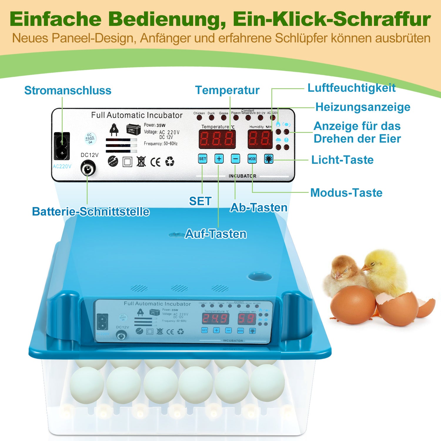 Lospitch Brutautomat 36 Eier vollautomatisch mit LED Eierbeleuchtung
