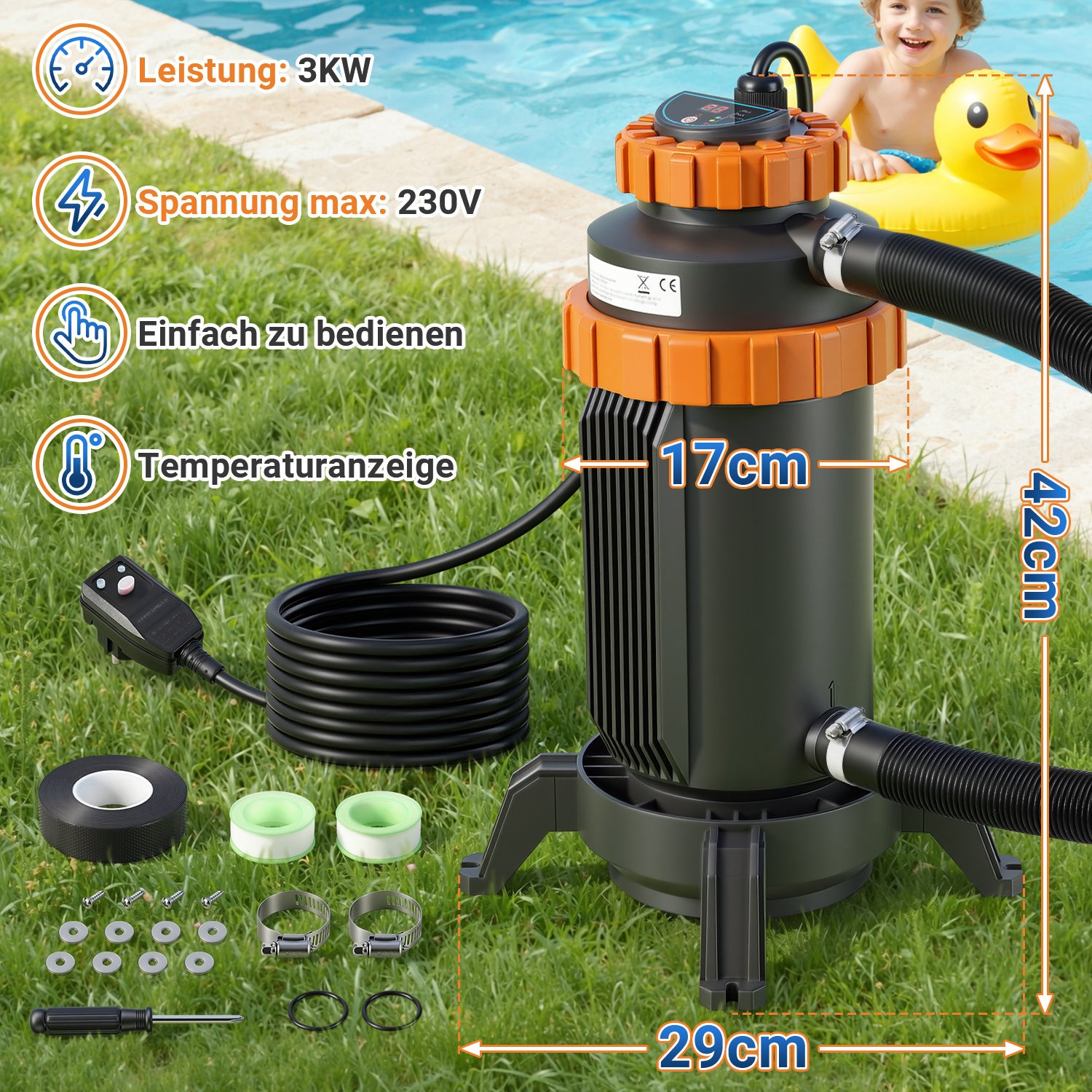 Lospitch Elektrische Poolheizung 3 kW mit RCD Schutz