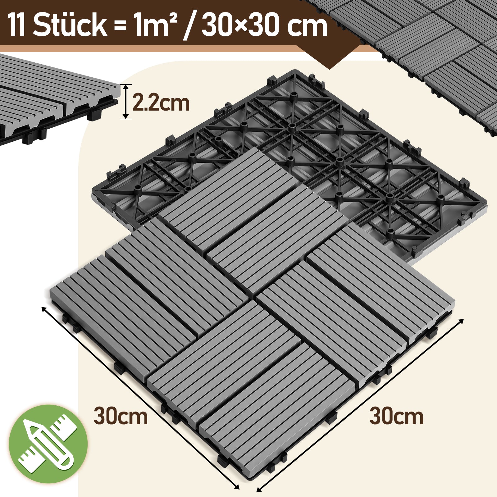 Lospitch PP Klickfliesen 30 x 30 cm für Terrasse und Pool