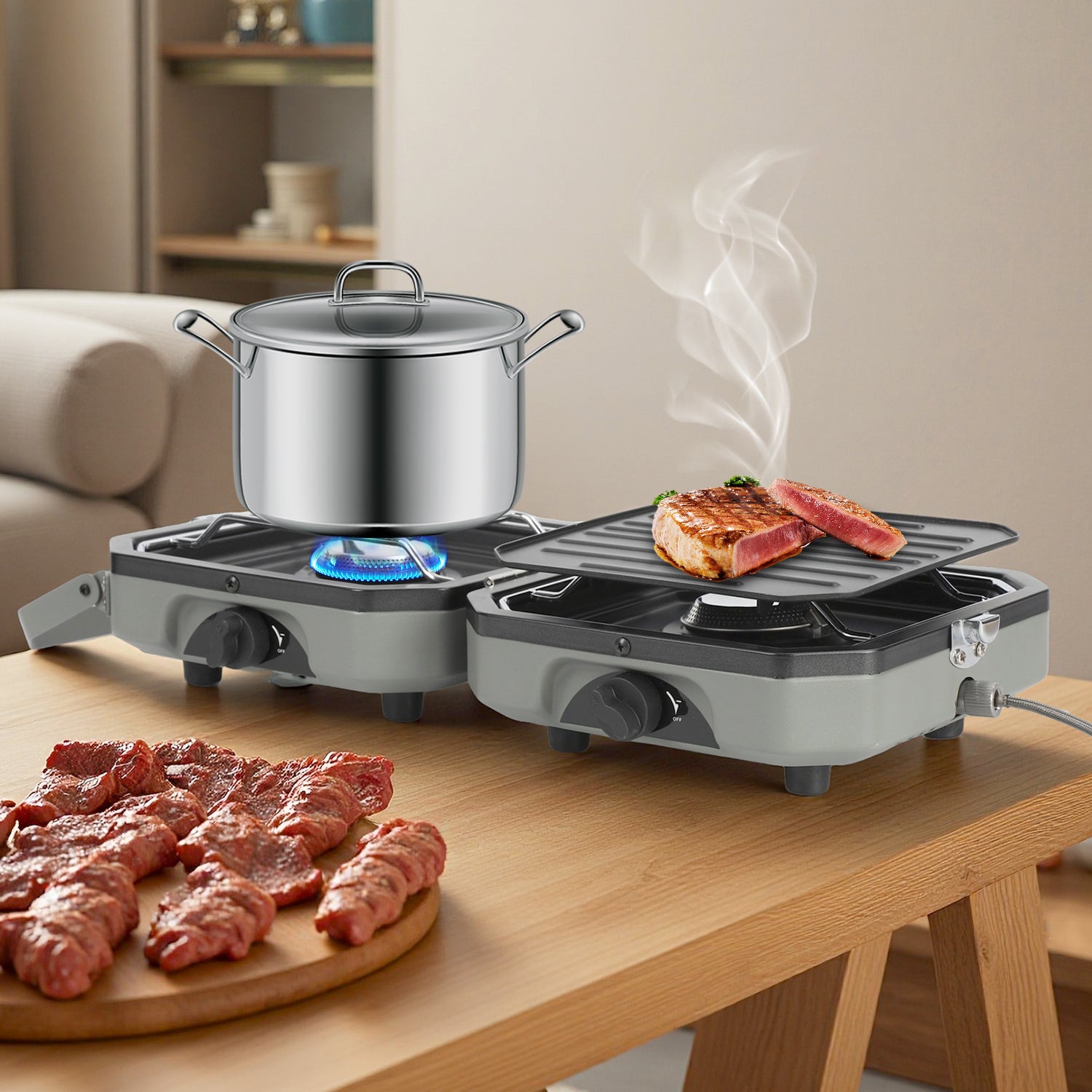 Lospitch Campingkocher 2 flammig mit Grillplatte und Gasschlauch