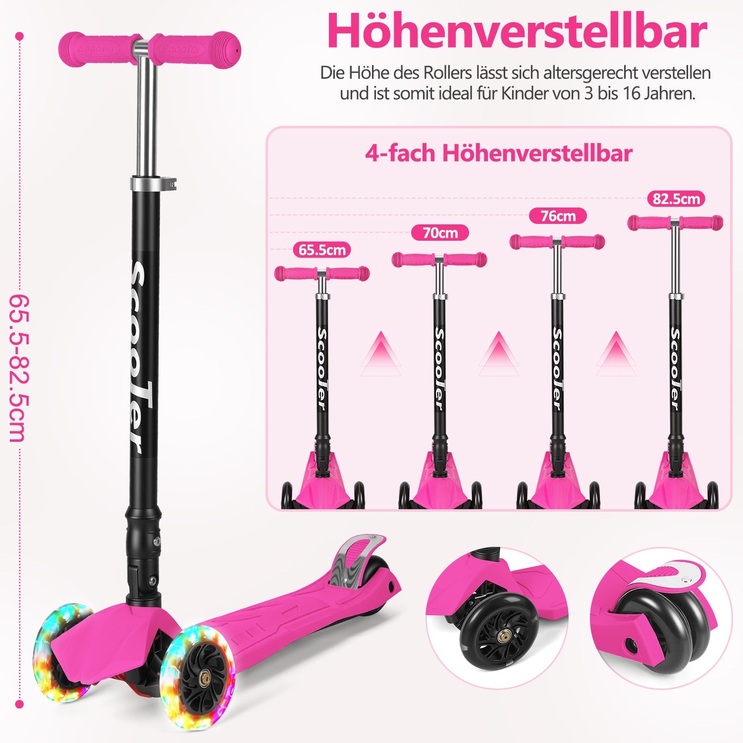 Lospitch Kinderroller Klappbar mit LED Rädern Höhenverstellbar 65 bis 82 cm