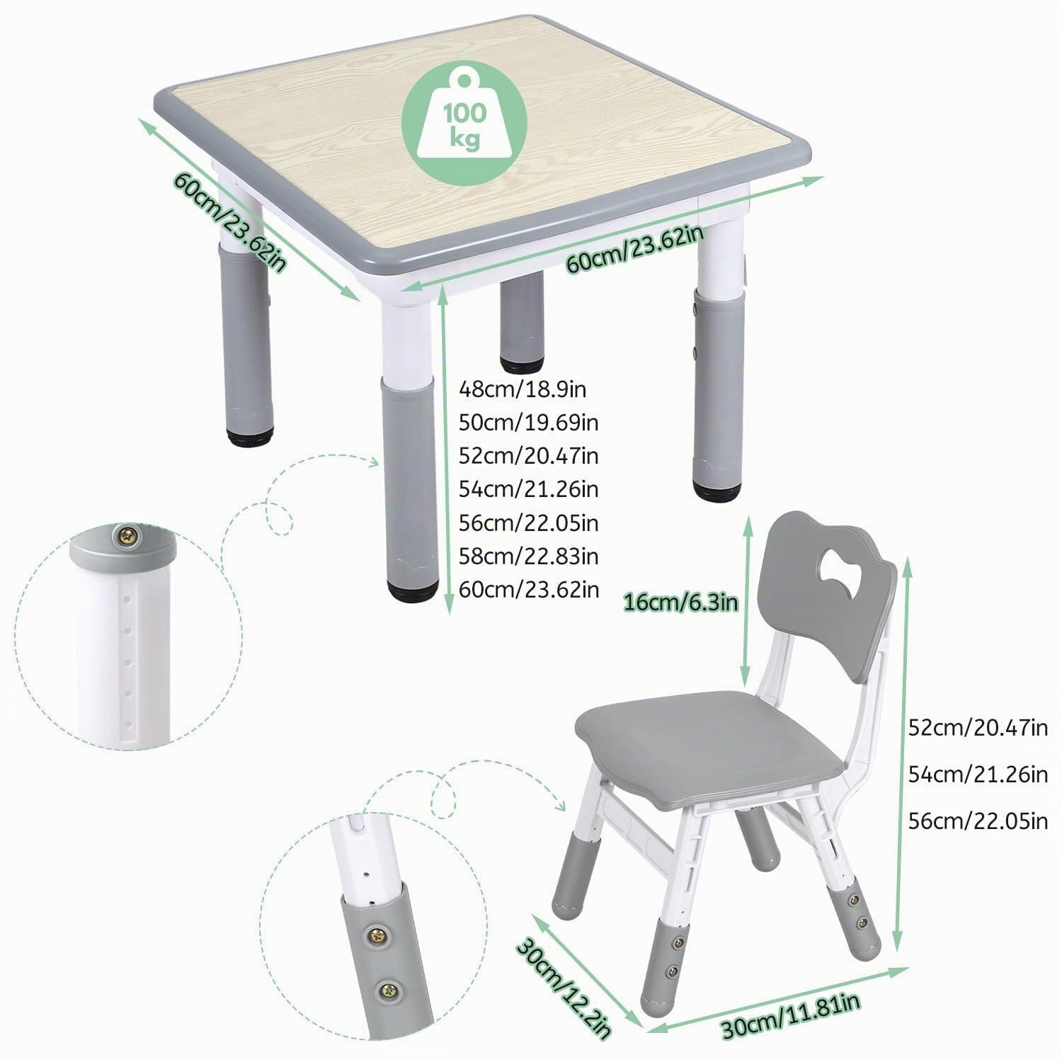 Lospitch Kindertisch 60/80/120 cm höhenverstellbar mit Stühlen für Kinderzimmer