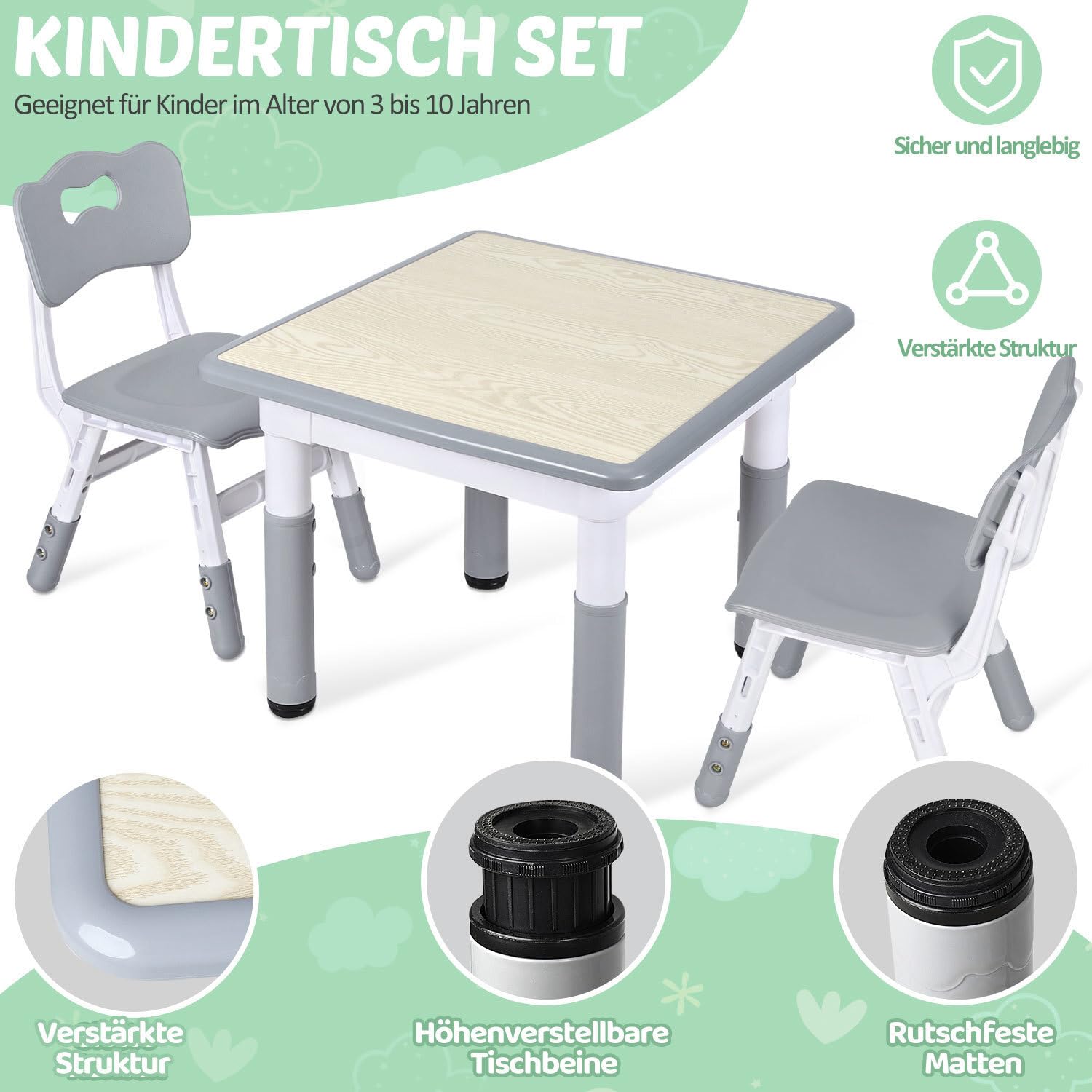 Lospitch Kindertisch 60/80/120 cm höhenverstellbar mit Stühlen für Kinderzimmer