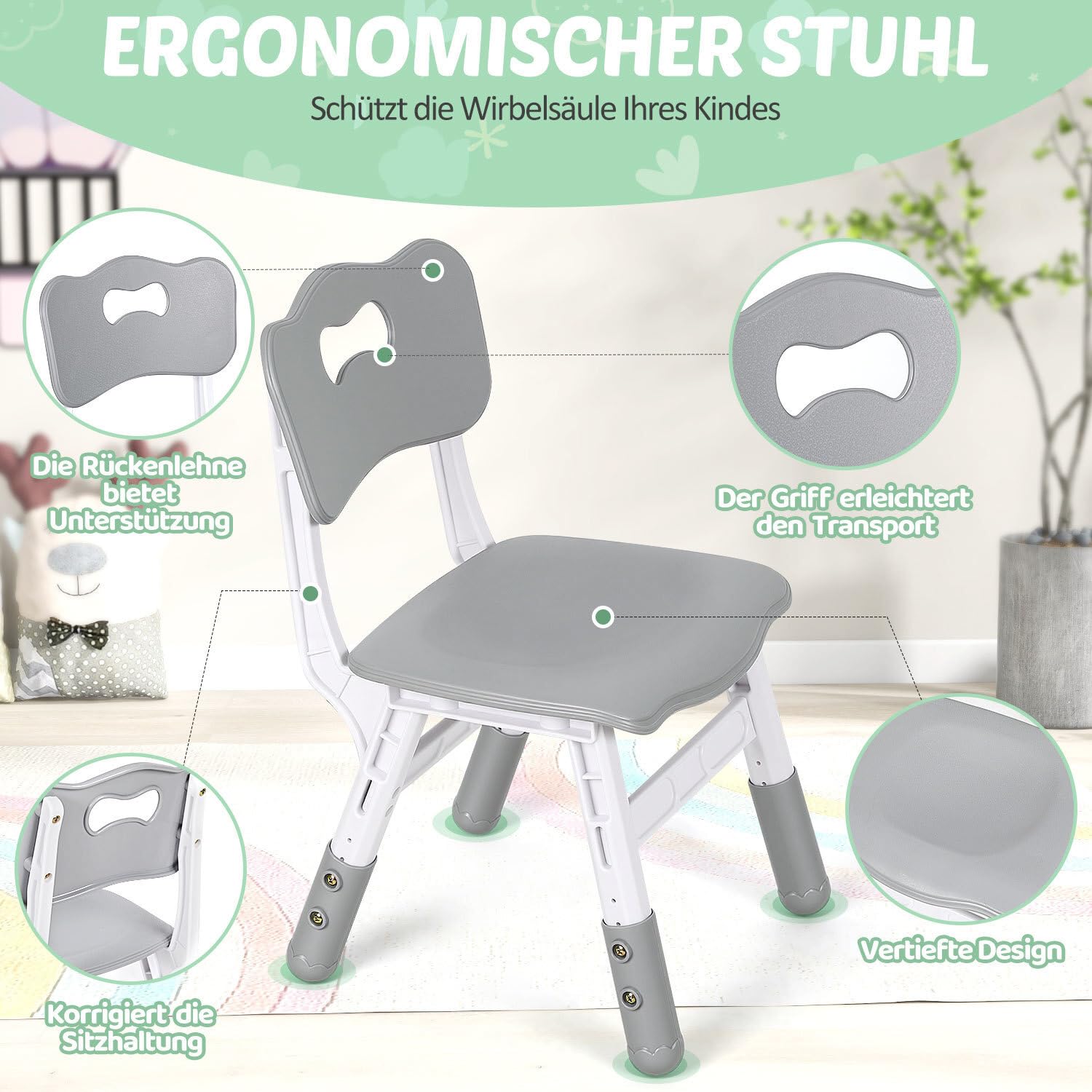 Lospitch Kindertisch 60/80/120 cm höhenverstellbar mit Stühlen für Kinderzimmer