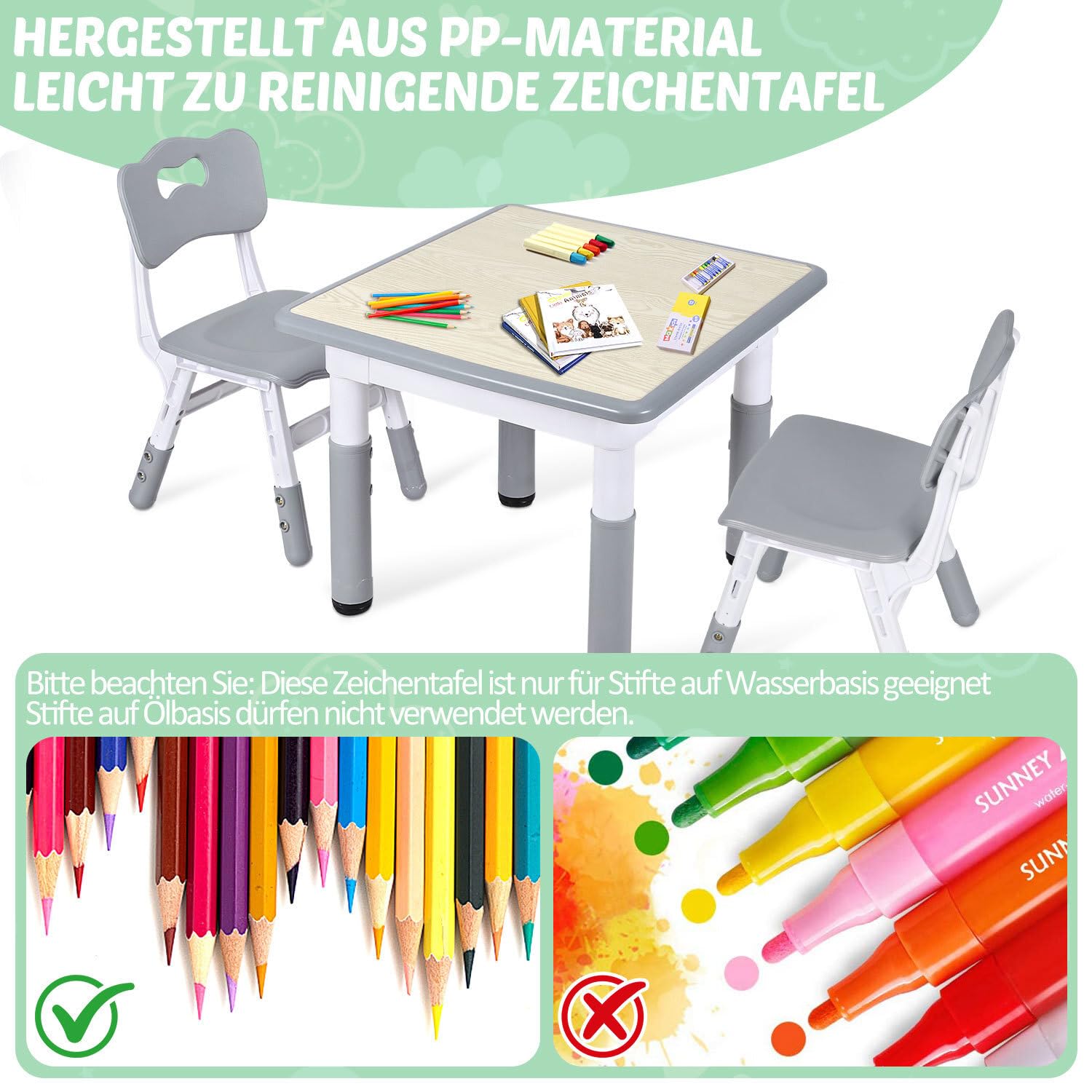 Lospitch Kindertisch 60/80/120 cm höhenverstellbar mit Stühlen für Kinderzimmer