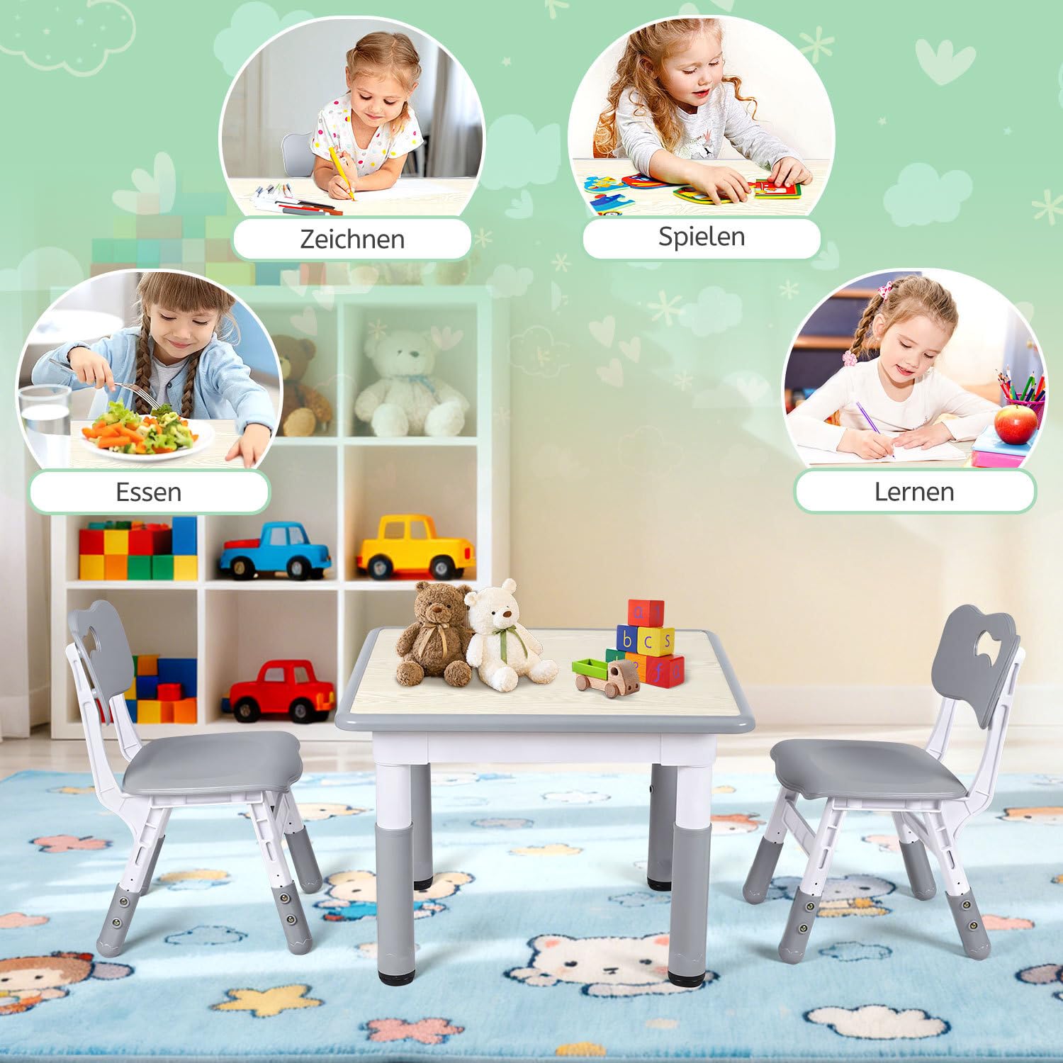Lospitch Kindertisch 60/80/120 cm höhenverstellbar mit Stühlen für Kinderzimmer