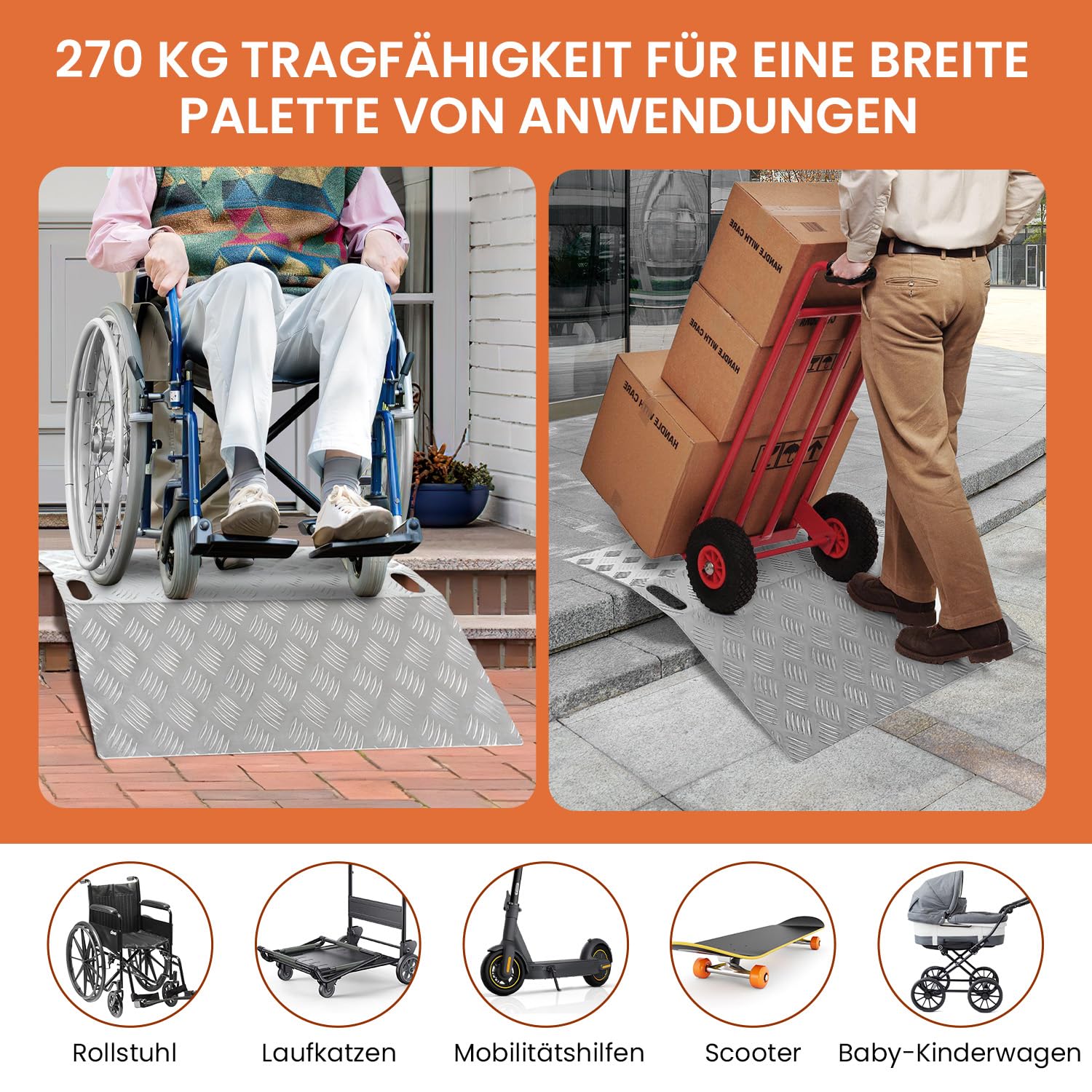 Lospitch Türschwellenrampe Aluminium 270 kg Rollstuhlrampe mit Tragegriff