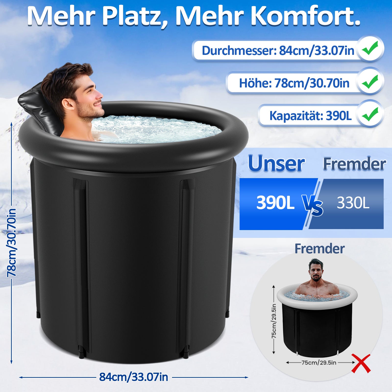 Lospitch Eisbaden Tonne mit Abdeckung für Garten und Terrasse