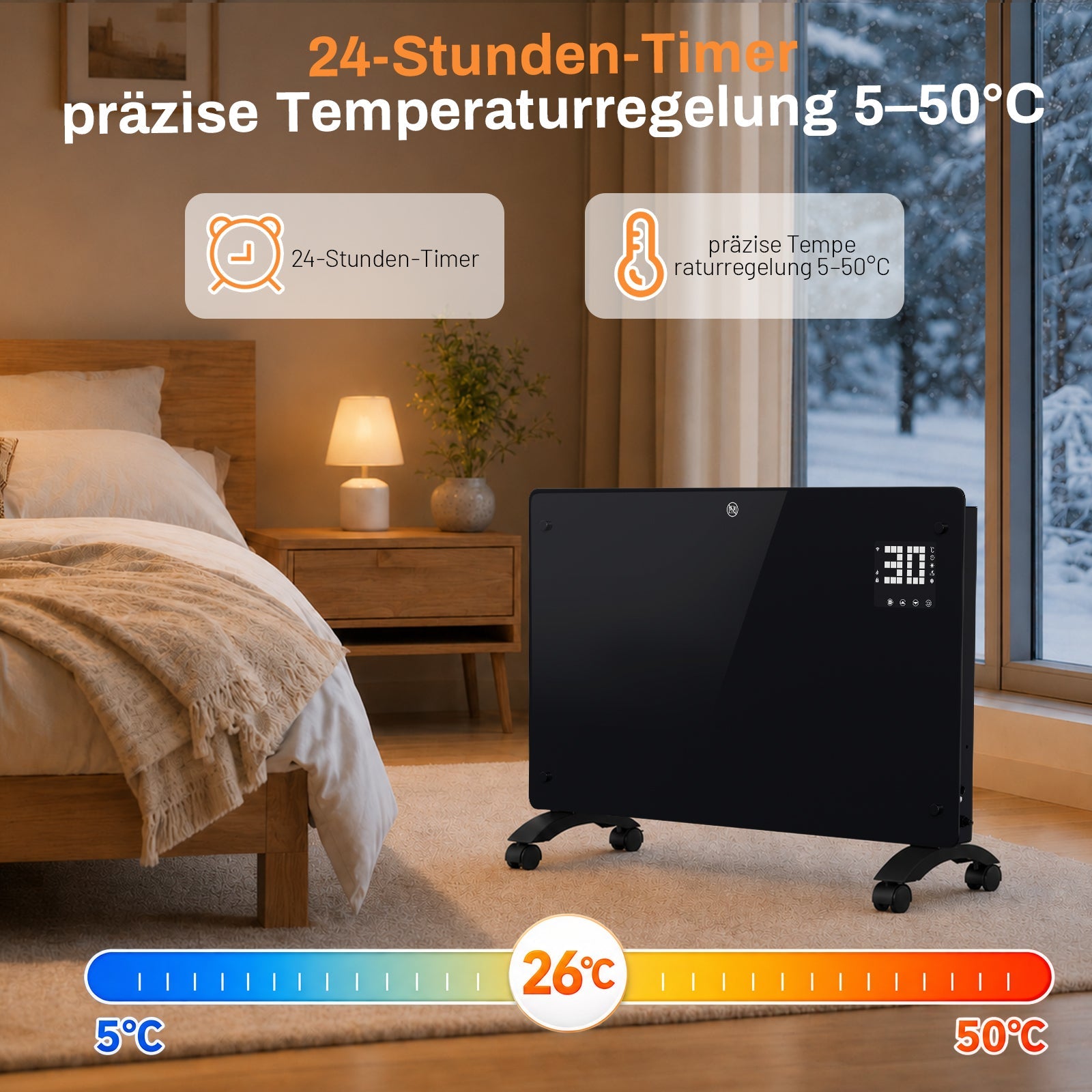 Lospitch WLAN Konvektor Heizung 2000/2500W mit Thermostat und Glasfront