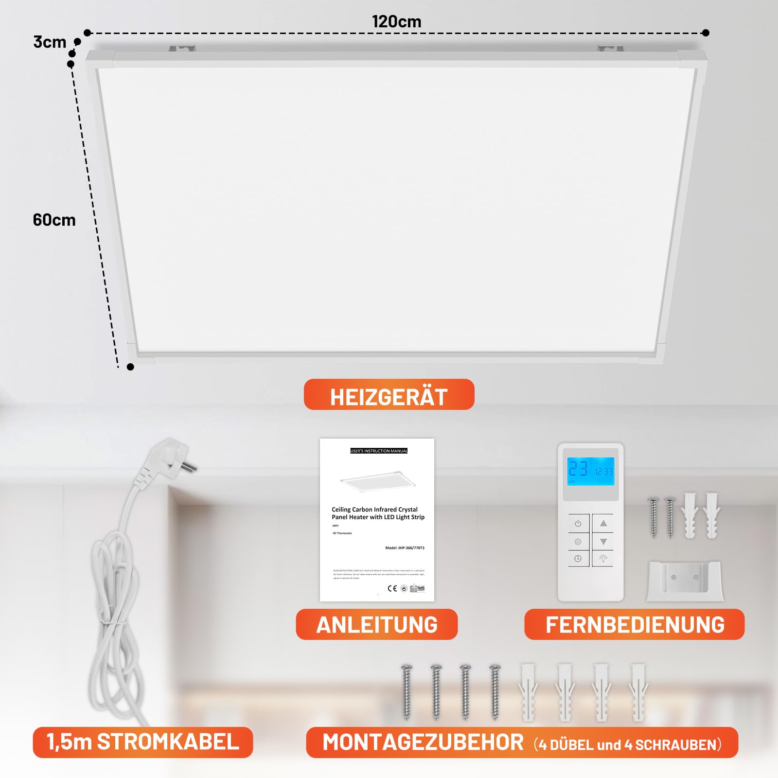 Lospitch Infrarot Deckenheizung 360/770W mit Thermostat WLAN und LED Licht