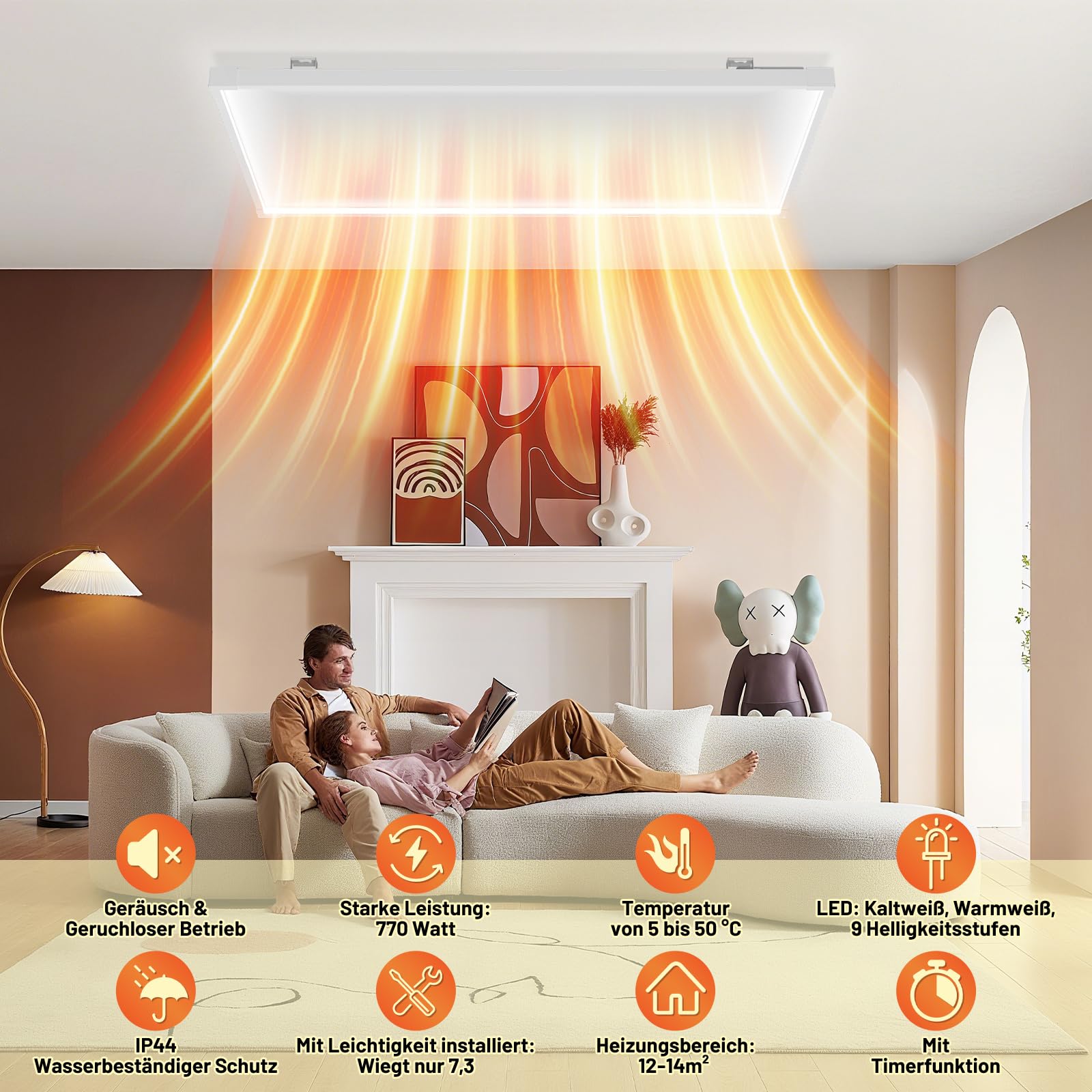 Lospitch Infrarot Deckenheizung 360/770W mit Thermostat WLAN und LED Licht