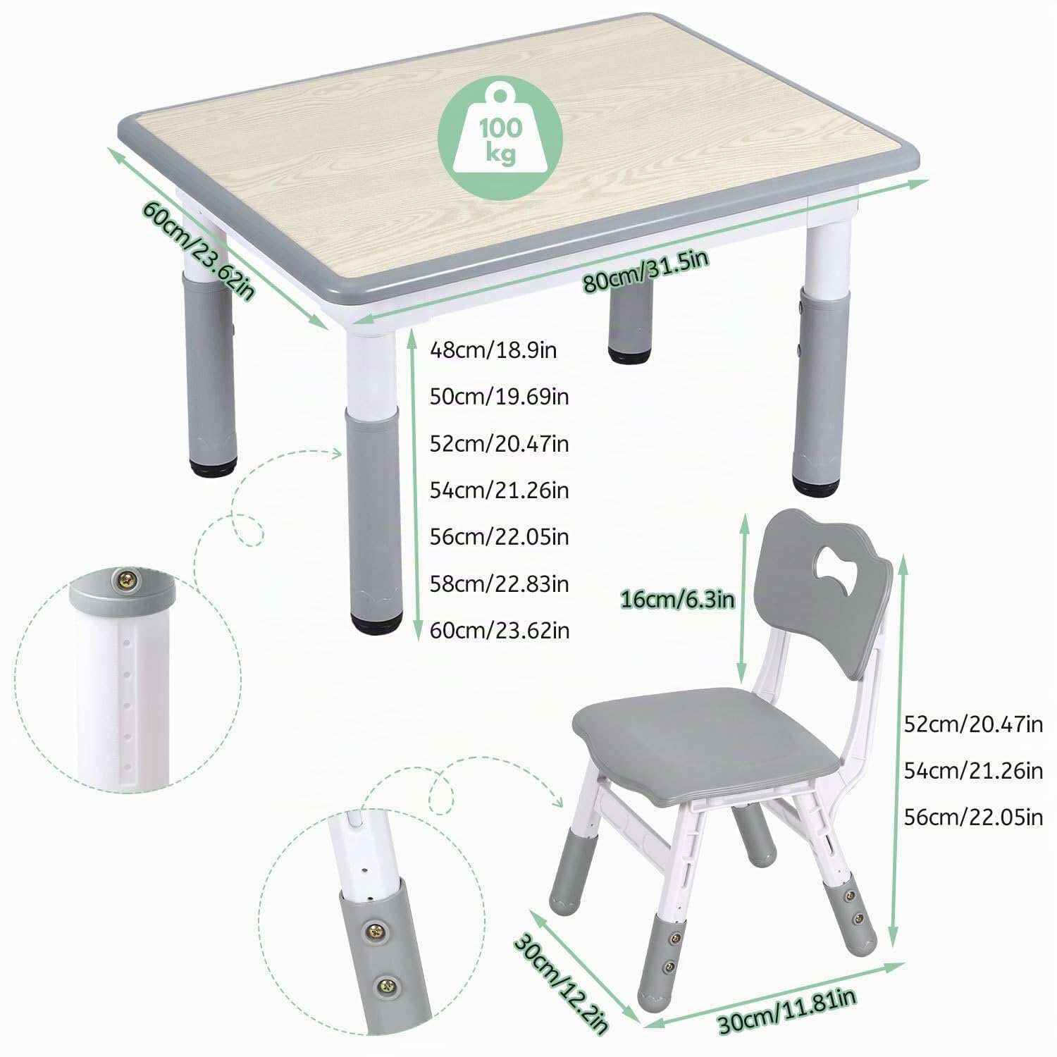 Lospitch Kindertisch 60/80/120 cm höhenverstellbar mit Stühlen für Kinderzimmer