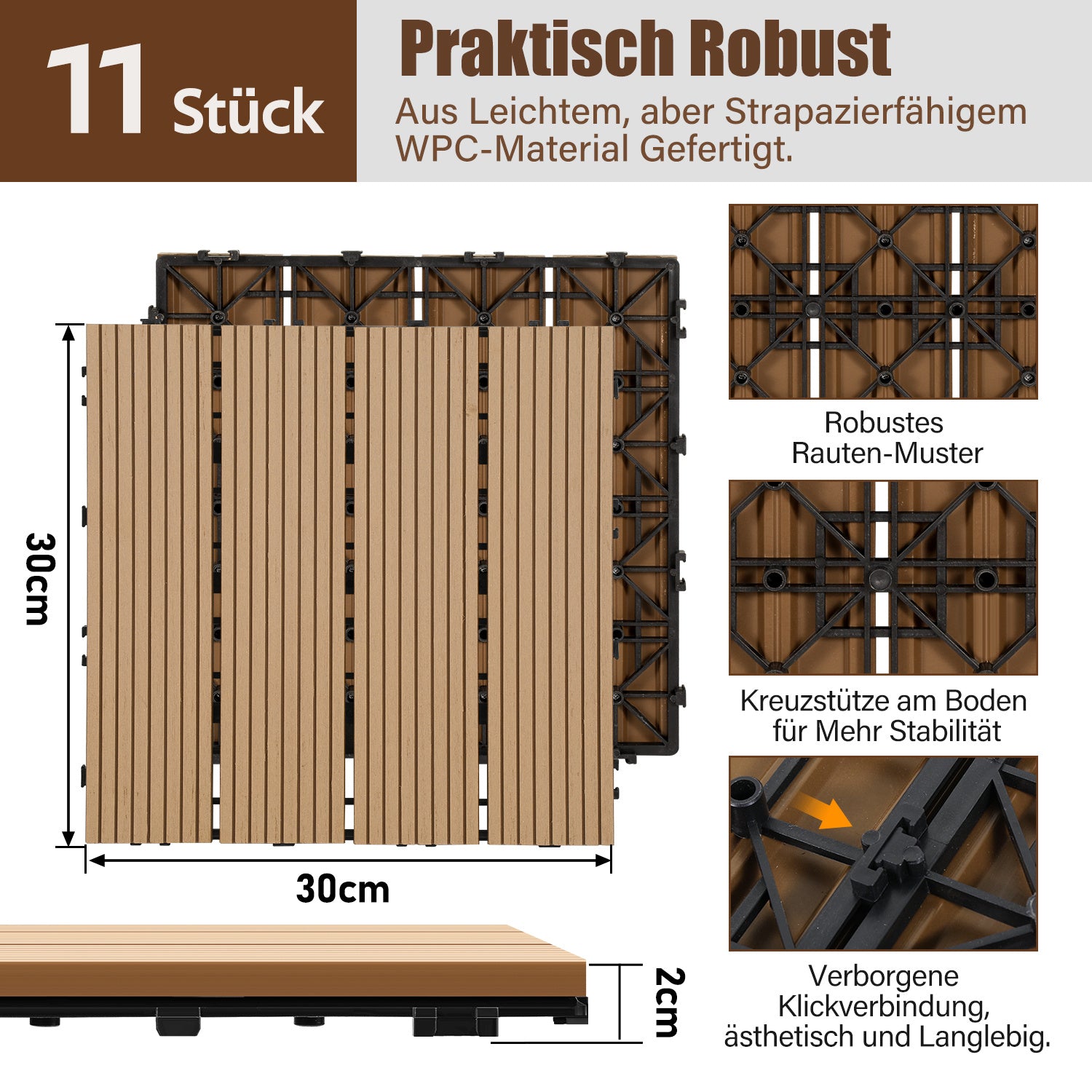 Lospitch WPC Terrassenfliesen 30 x 30 cm für Balkon und Terrasse