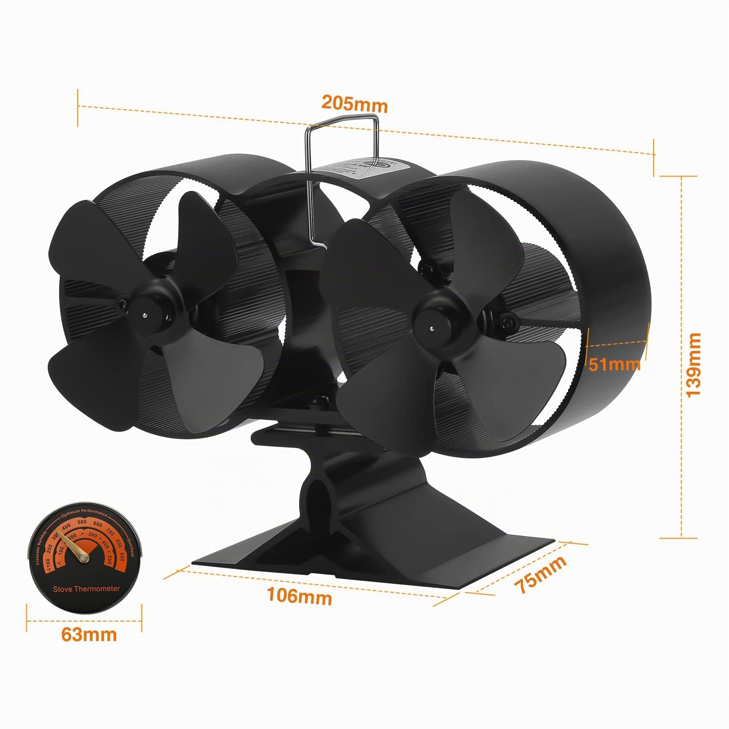 Lospitch Ofenventilator 8 Flügel hitzebetrieben mit Magnet-Thermometer für Kaminofen