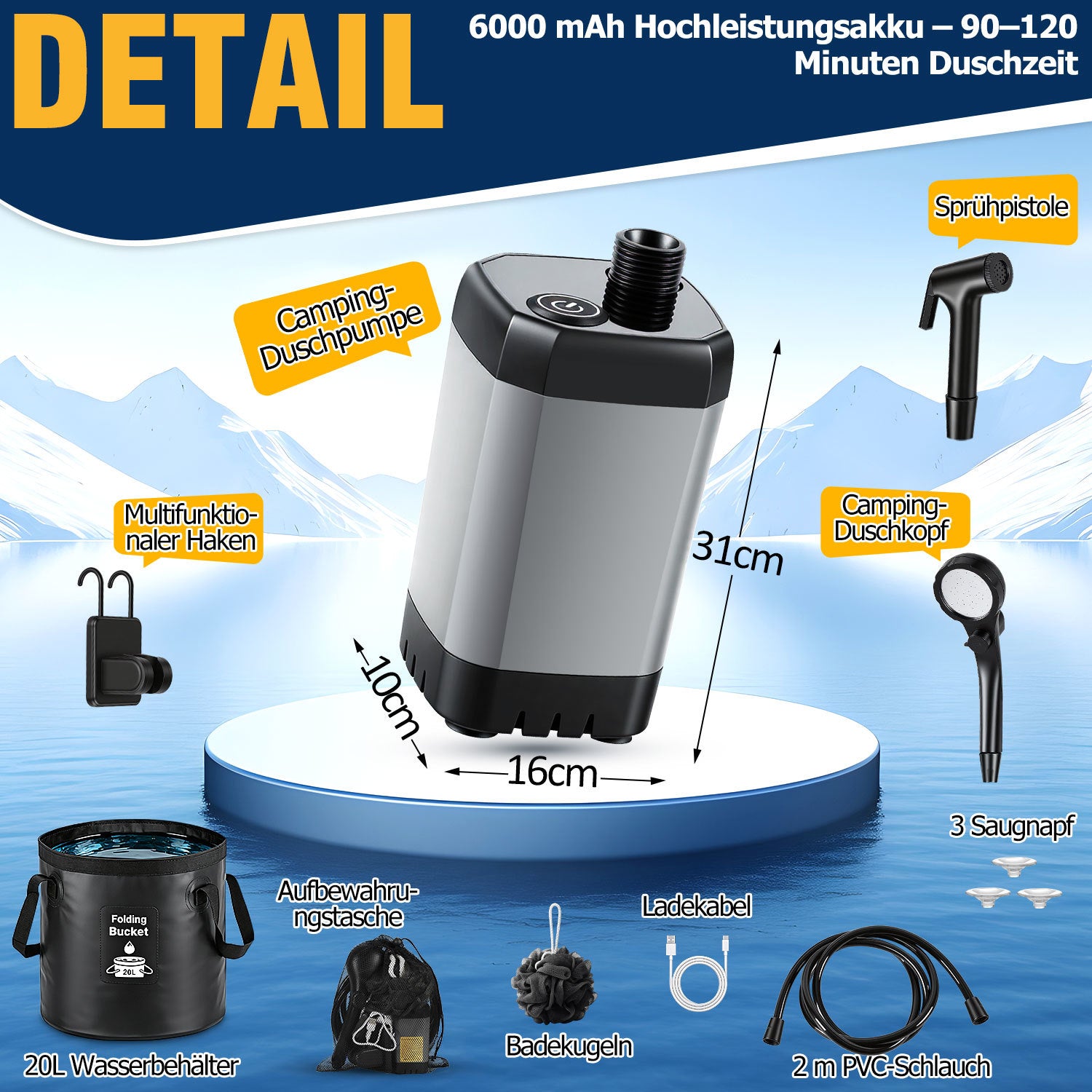 Lospitch Campingdusche mit 6000 mAh Akku und 20 L Falteimer
