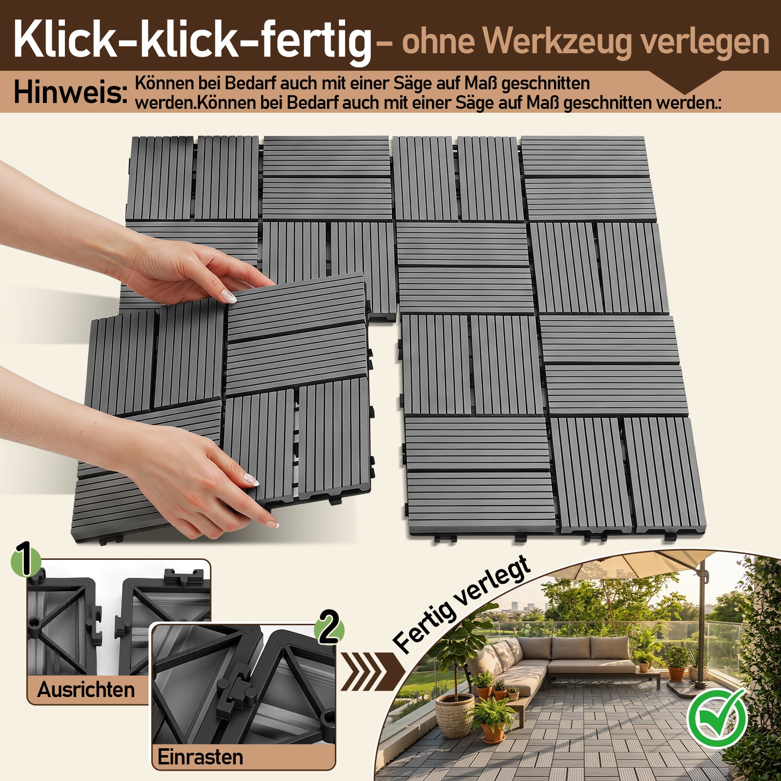 Lospitch PP Klickfliesen 30 x 30 cm für Terrasse und Pool