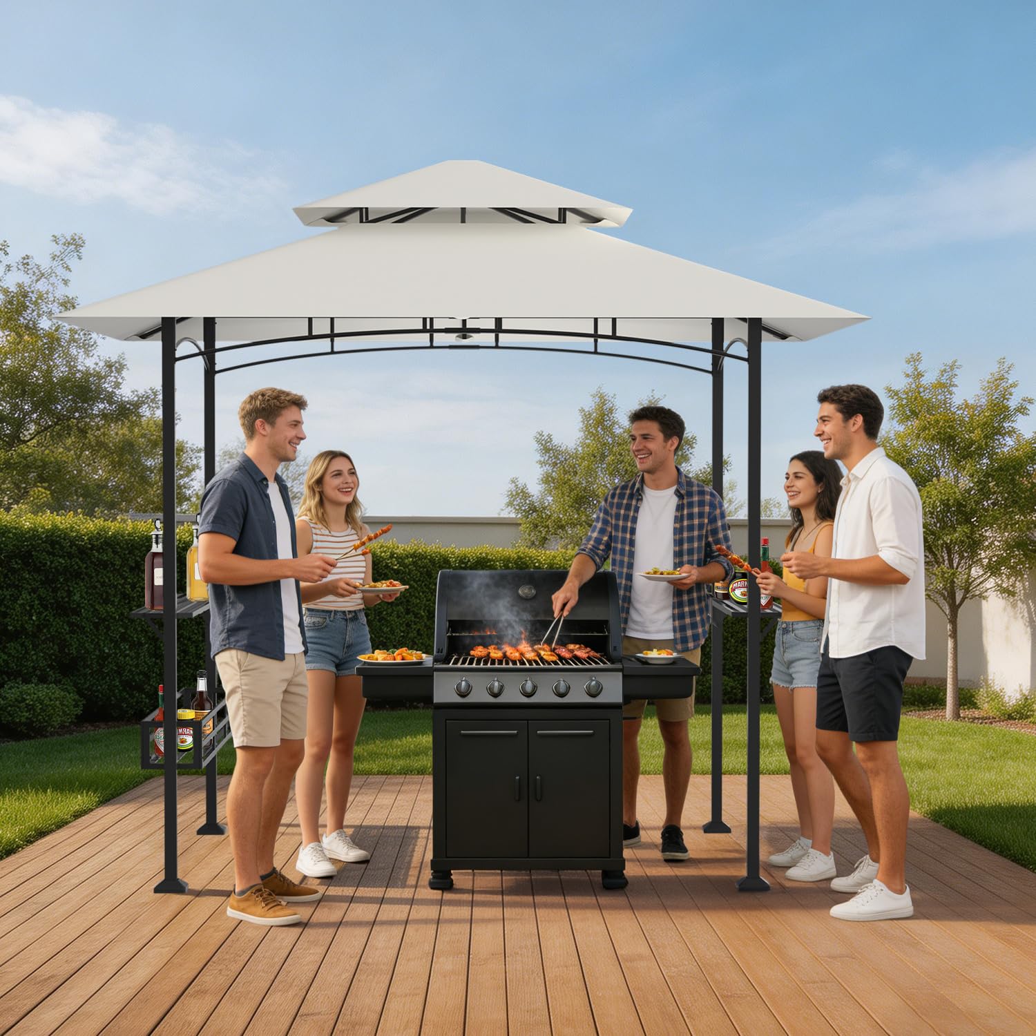 Lospitch BBQ Pavillon 238 x 148 x 250 cm mit Ablagen und Flaschenöffner Beige