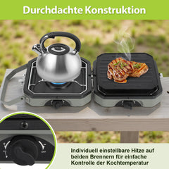 Lospitch Campingkocher 2 flammig mit Grillplatte und Gasschlauch