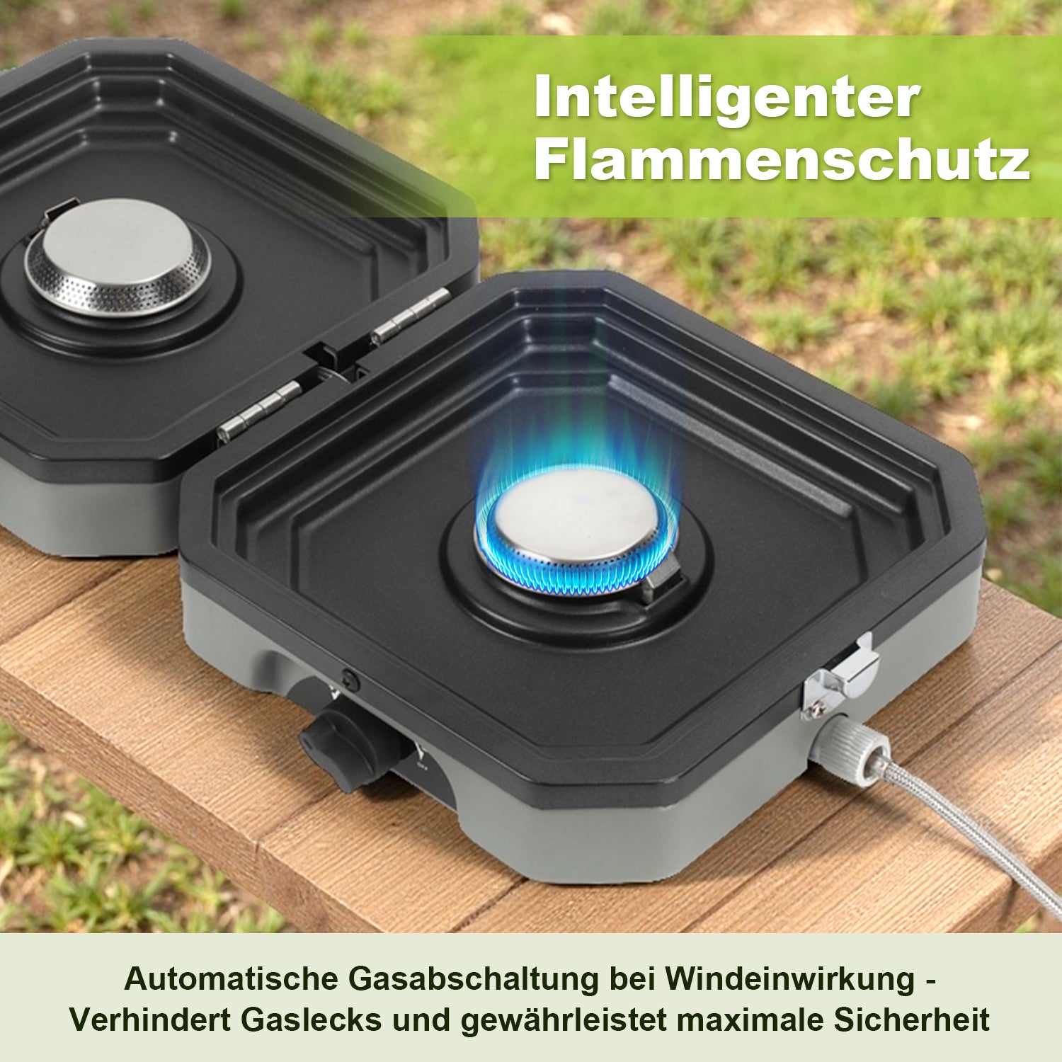 Lospitch Campingkocher 2 flammig mit Grillplatte und Gasschlauch
