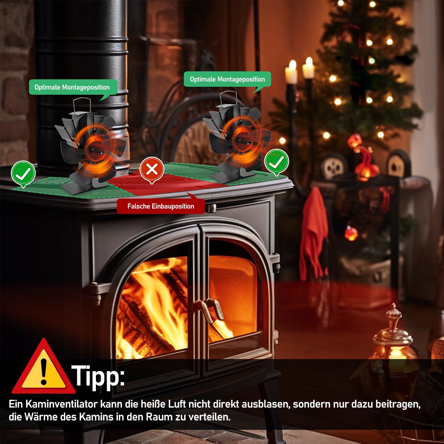 Lospitch Ofenventilator 8 Flügel hitzebetrieben mit Magnet-Thermometer für Kaminofen
